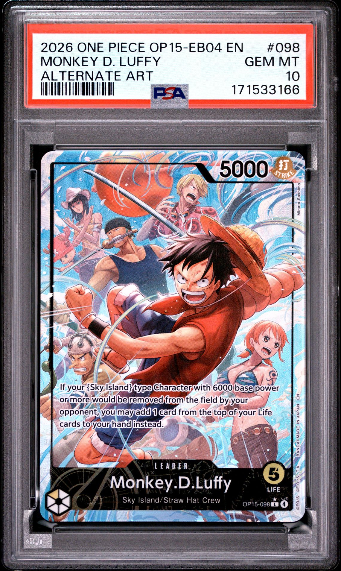 2026 One Piece Op15-Eb04-Adventure On Kami's Island Monkey D. Luffy #098 (Alternate Art) Gem Mt 10 front