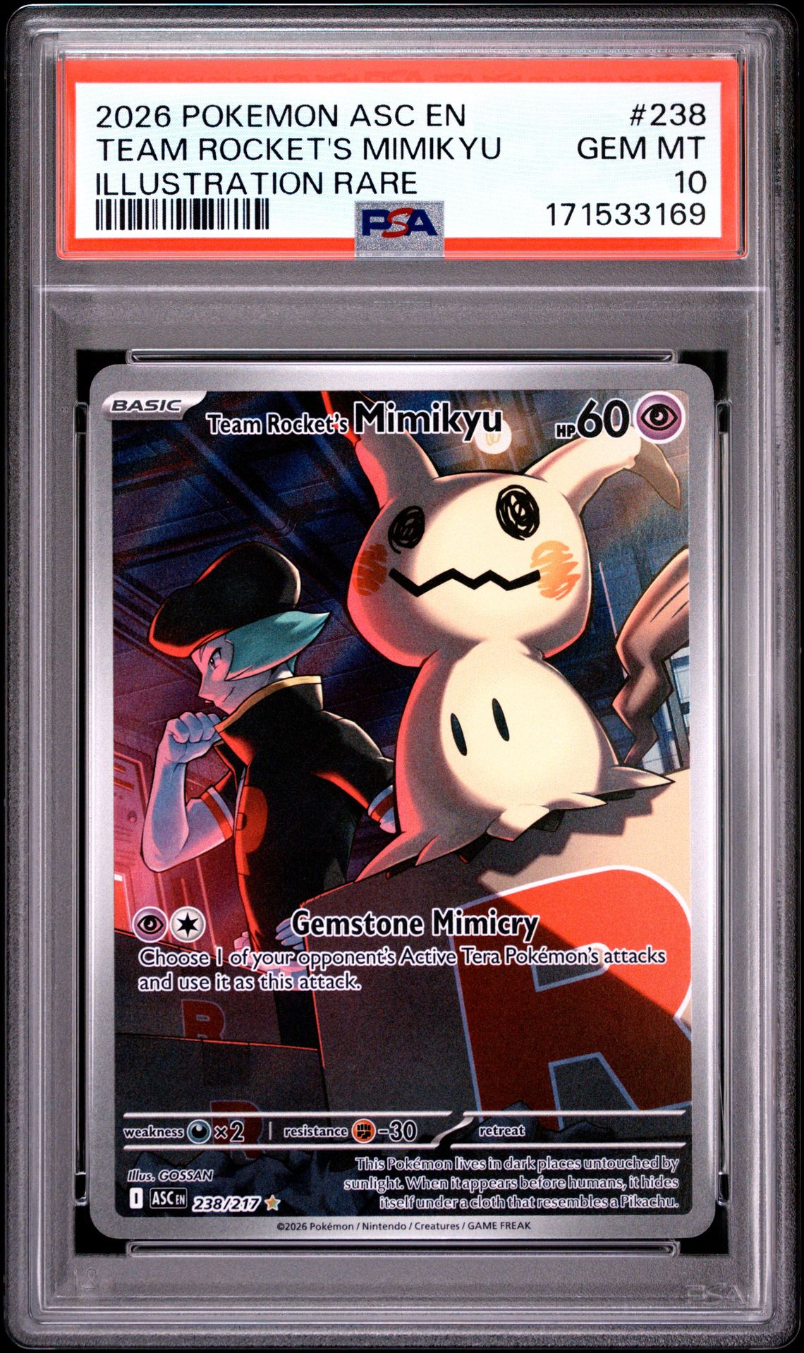 2026 Pokemon Asc En-Ascended Heroes Team Rocket's Mimikyu #238 (Illustration Rare) Gem Mt 10 front view - PSA graded GEM MT 10