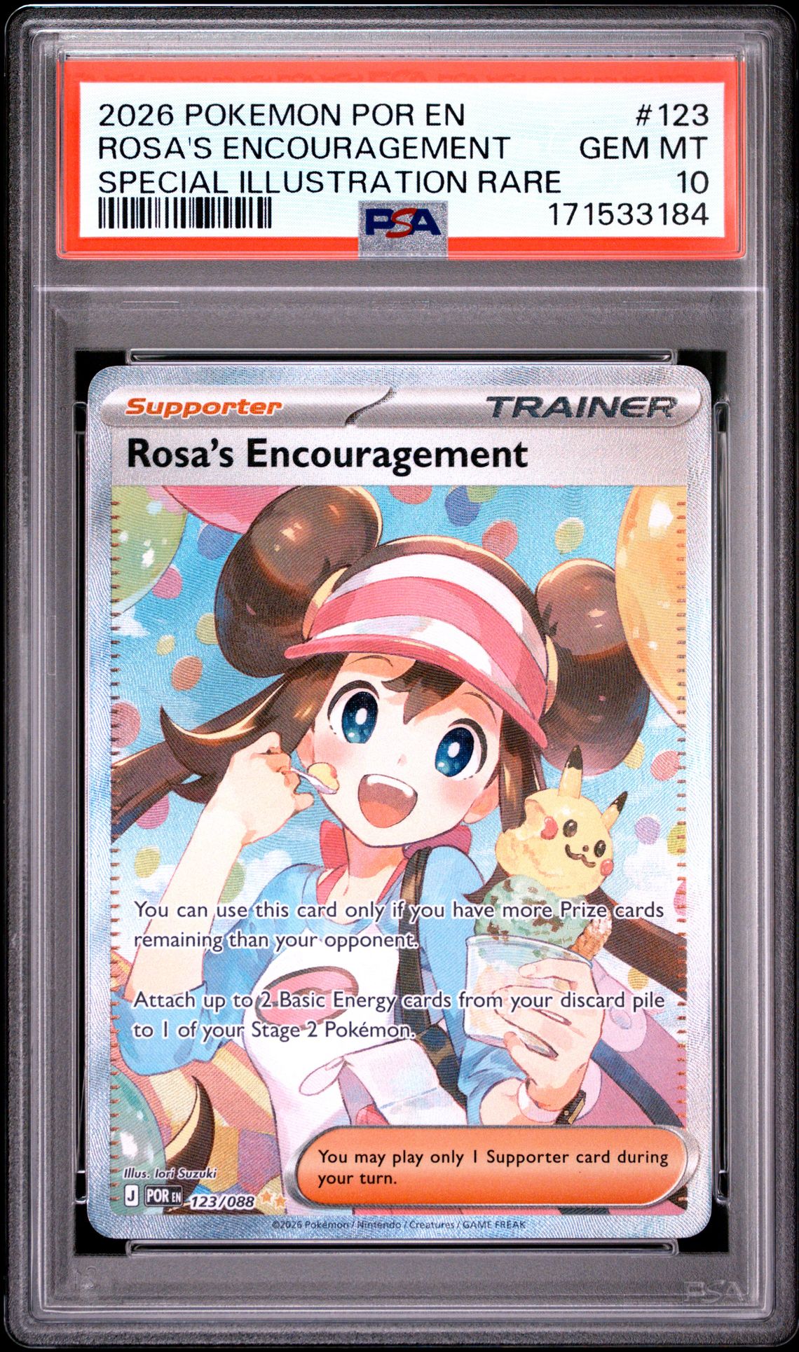 2026 Pokemon Por En-Perfect Order Rosa's Encouragement #123 (Special Illustration Rare) Gem Mt 10 front view - PSA graded GEM MT 10