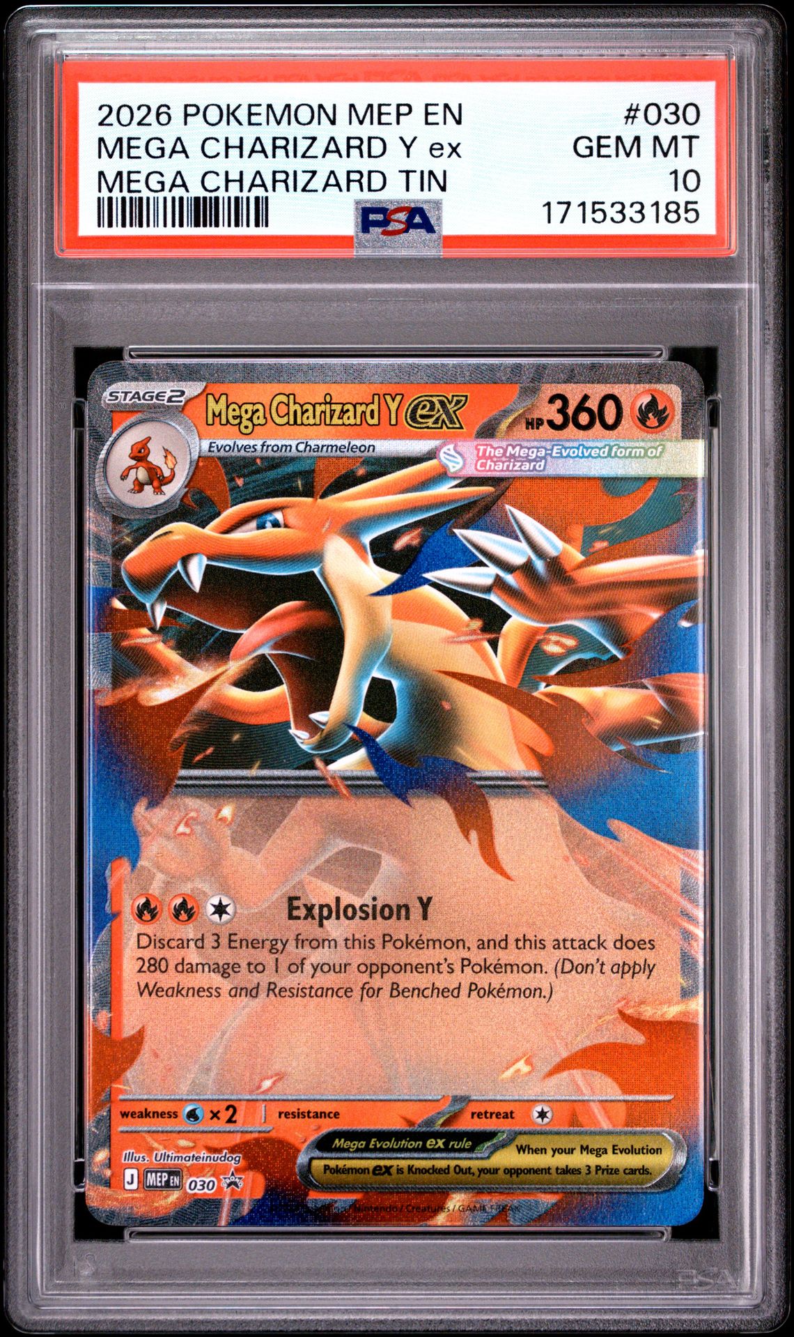 2026 Pokemon Mep En-Me Black Star Promo Mega Charizard Y Ex #030 (Mega Charizard Tin) Gem Mt 10 front view - PSA graded GEM MT 10