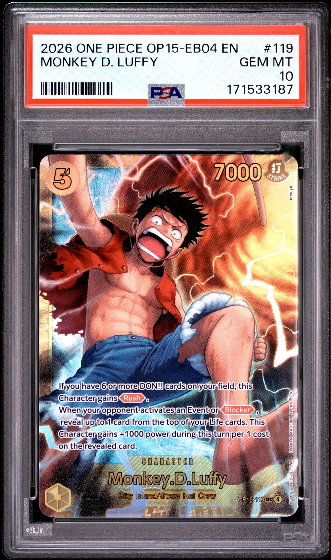 2026 One Piece Op15-Eb04-Adventure On Kami's Island Monkey D. Luffy #119 Gem Mt 10 front