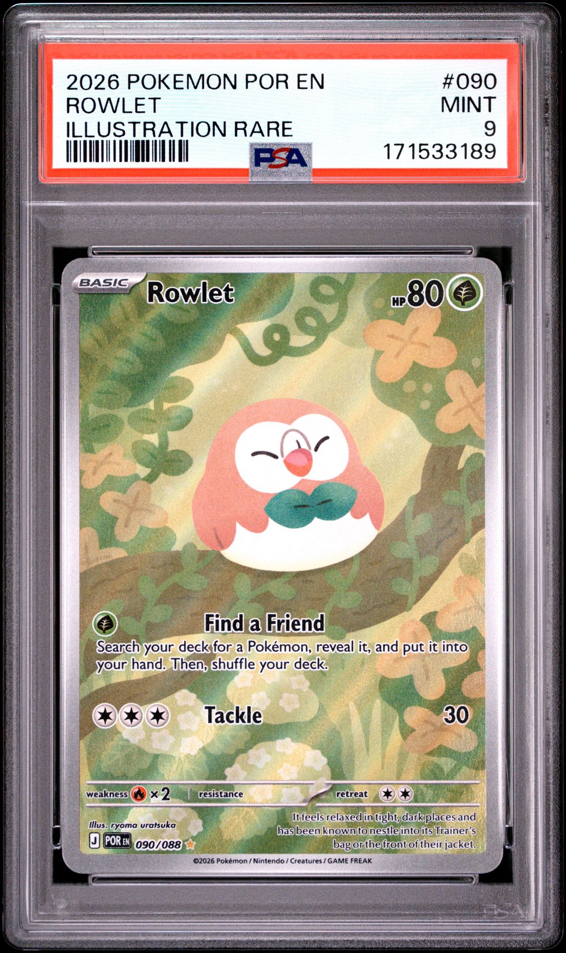 2026 Pokemon Por En-Perfect Order Rowlet #090 (Illustration Rare) Mint 9 front