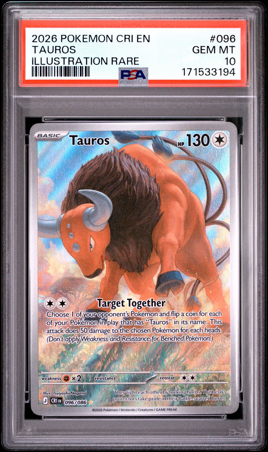 2026 Pokemon Cri En-Chaos Rising Tauros #096 (Illustration Rare) Gem Mt 10 front view - PSA graded GEM MT 10