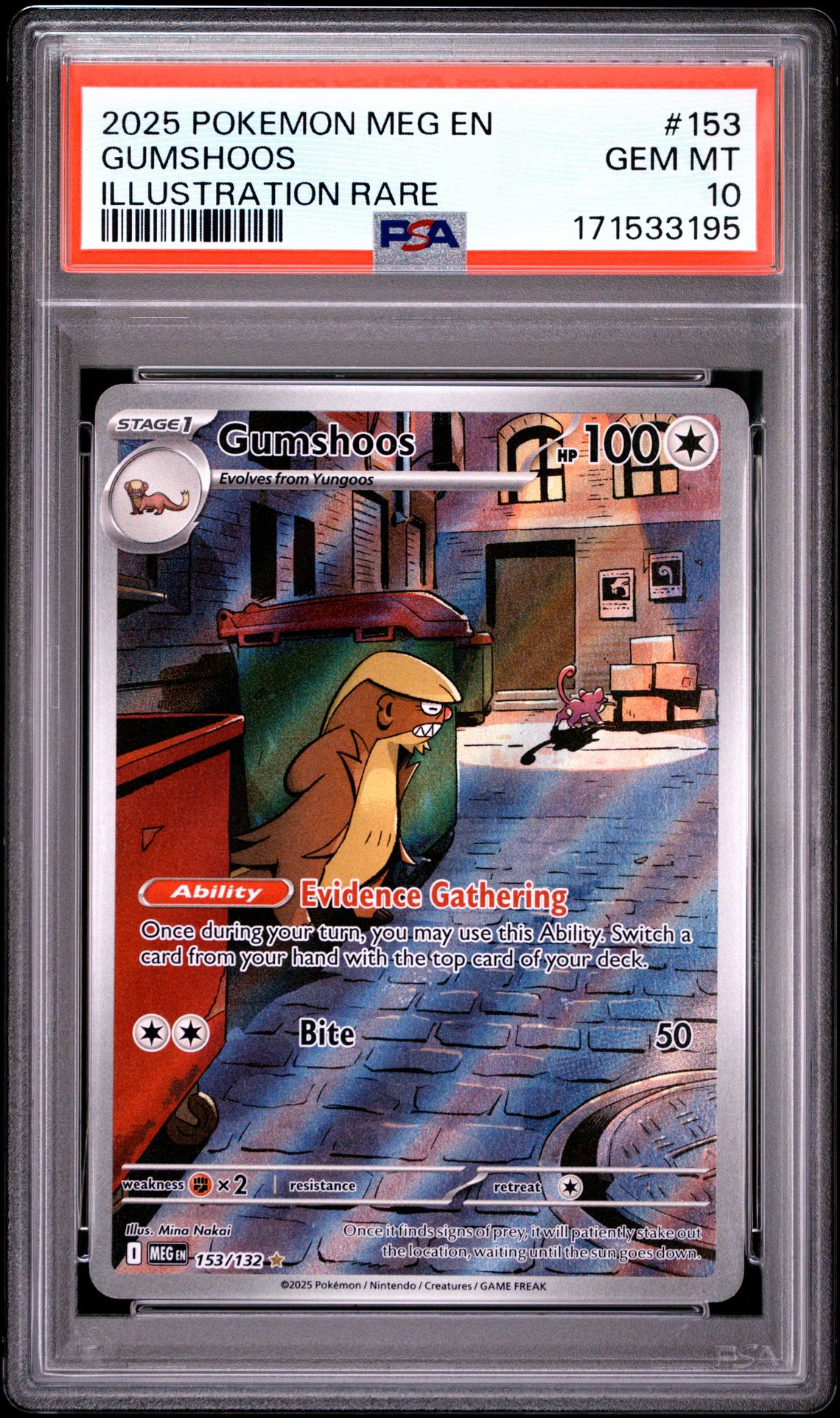 2025 Pokemon Meg En-Mega Evolution Gumshoos #153 (Illustration Rare) Gem Mt 10 front view - PSA graded GEM MT 10