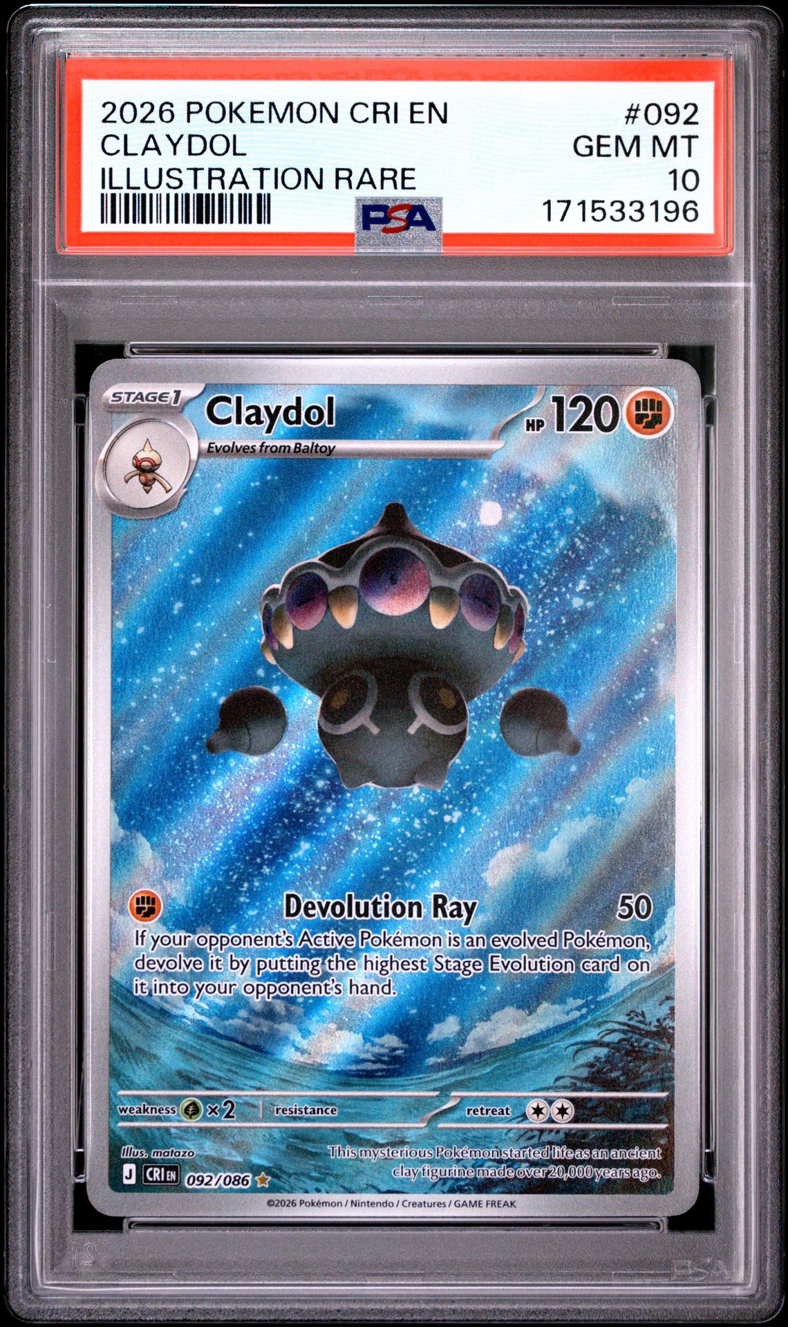 2026 Pokemon Cri En-Chaos Rising Claydol #092 (Illustration Rare) Gem Mt 10 front view - PSA graded GEM MT 10