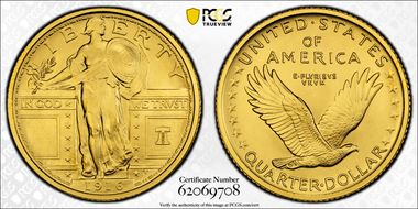 "1916" W (2026) 25C Standing Liberty Au w/ Liberty Bell 250 Privy First Strike SP70