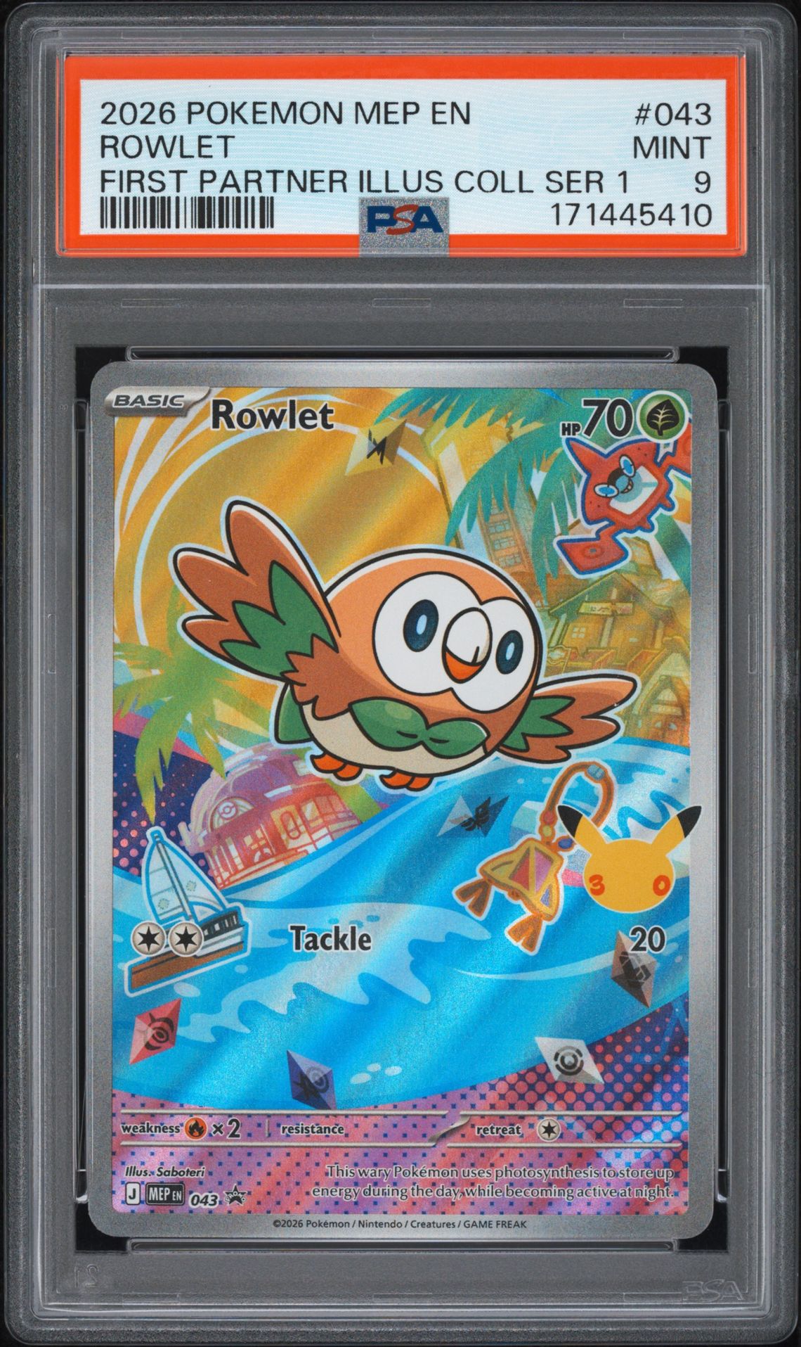 2026 Pokemon Mep En-Me Black Star Promo Rowlet #043 (First Partner Illus Coll Ser 1) Mint 9 front