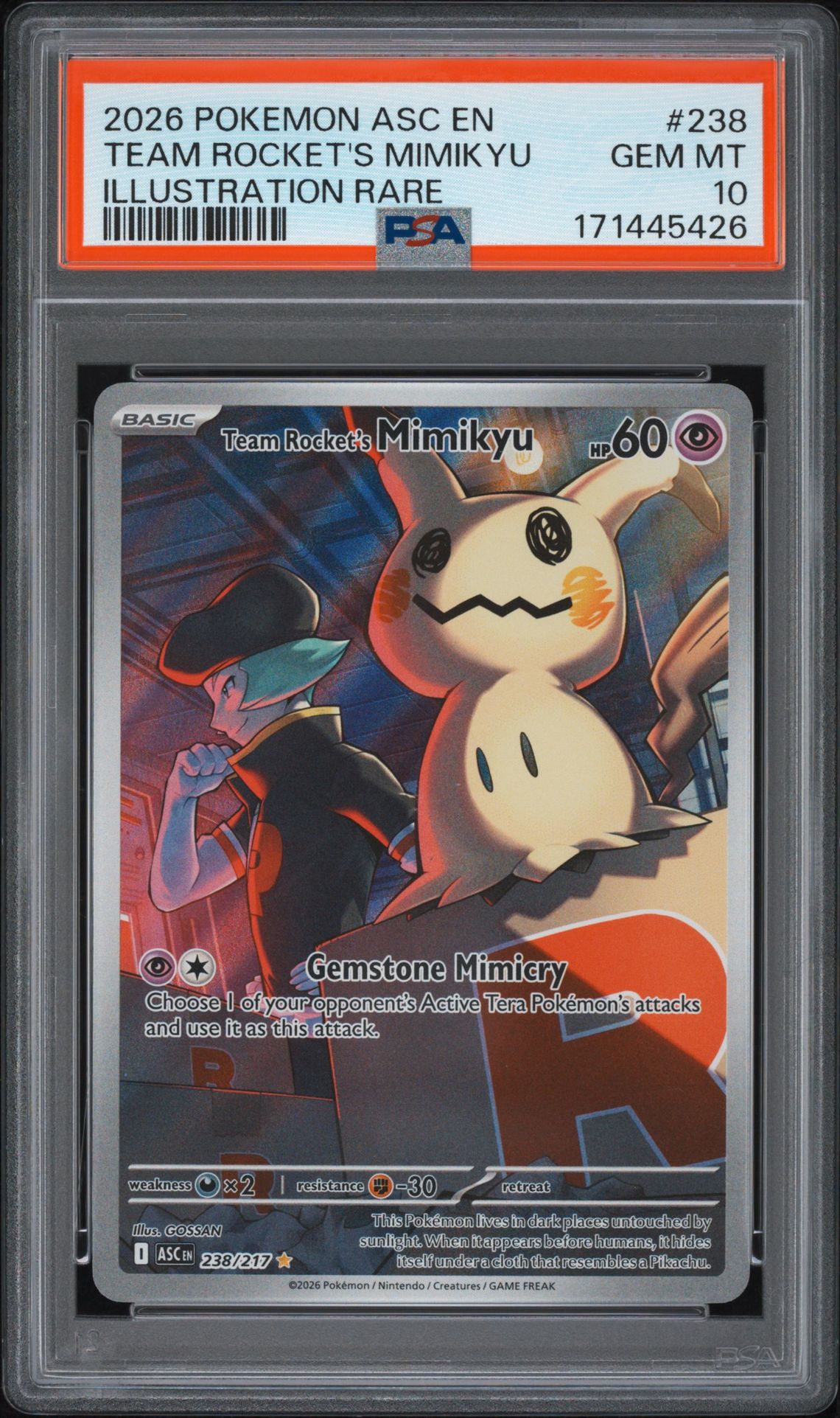 2026 Pokemon Asc En-Ascended Heroes Team Rocket's Mimikyu #238 (Illustration Rare) Gem Mt 10 front view - PSA graded GEM MT 10