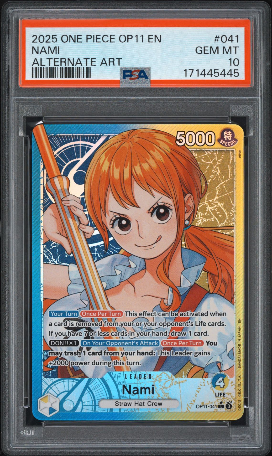 2025 One Piece Op11-A Fist Of Divine Speed Nami #041 (Alternate Art) Gem Mt 10 front view - PSA graded GEM MT 10