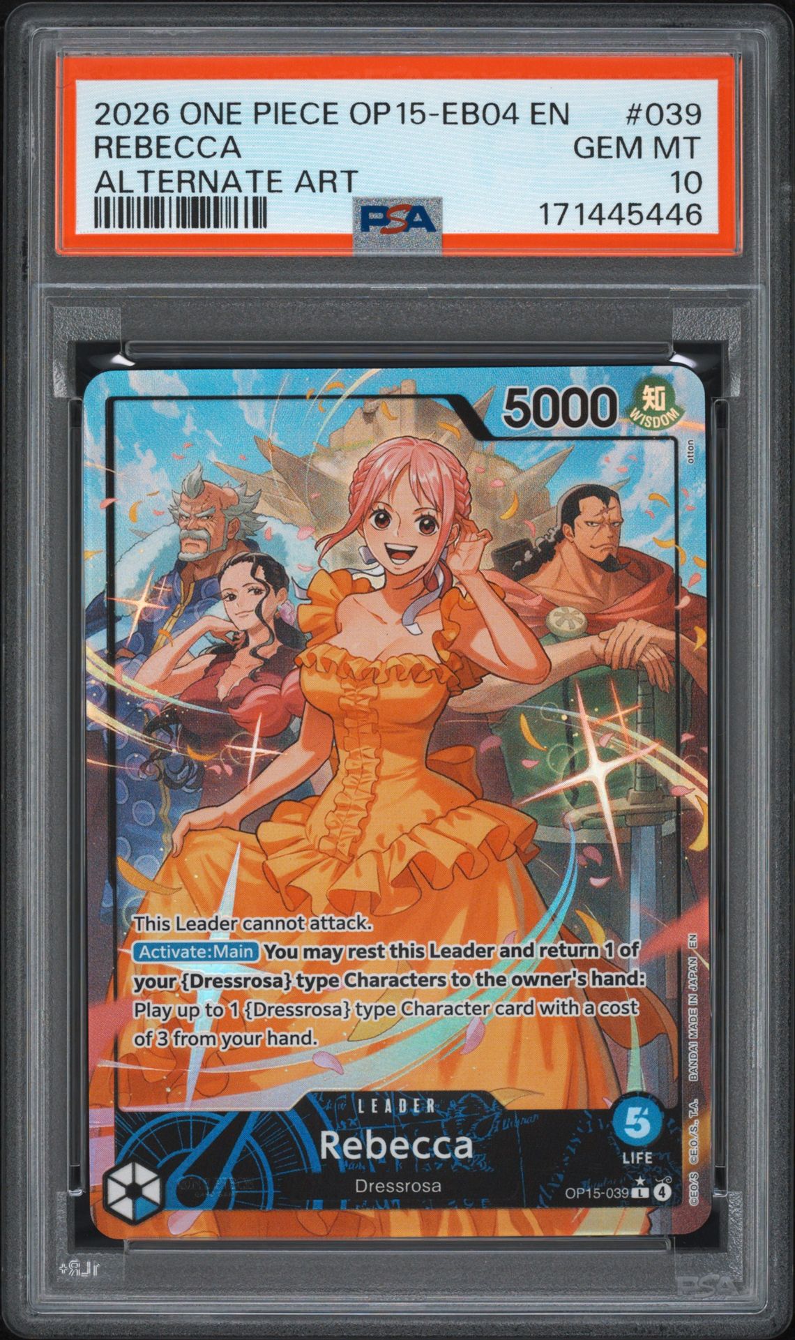 2026 One Piece Op15-Eb04-Adventure On Kami's Island Rebecca #039 (Alternate Art) Gem Mt 10 front view - PSA graded GEM MT 10
