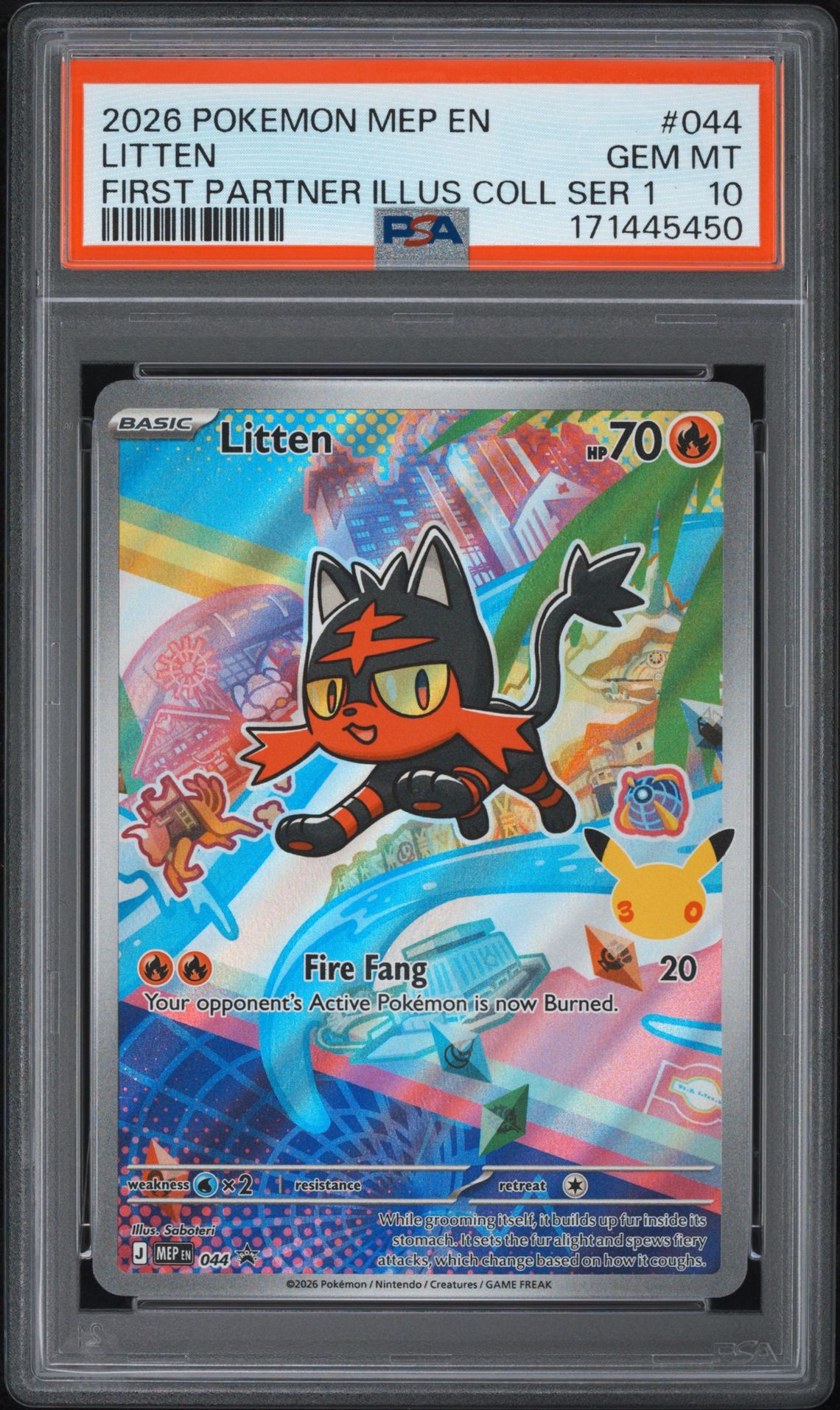 2026 Pokemon Mep En-Me Black Star Promo Litten #044 (First Partner Illus Coll Ser 1) Gem Mt 10 front view - PSA graded GEM MT 10