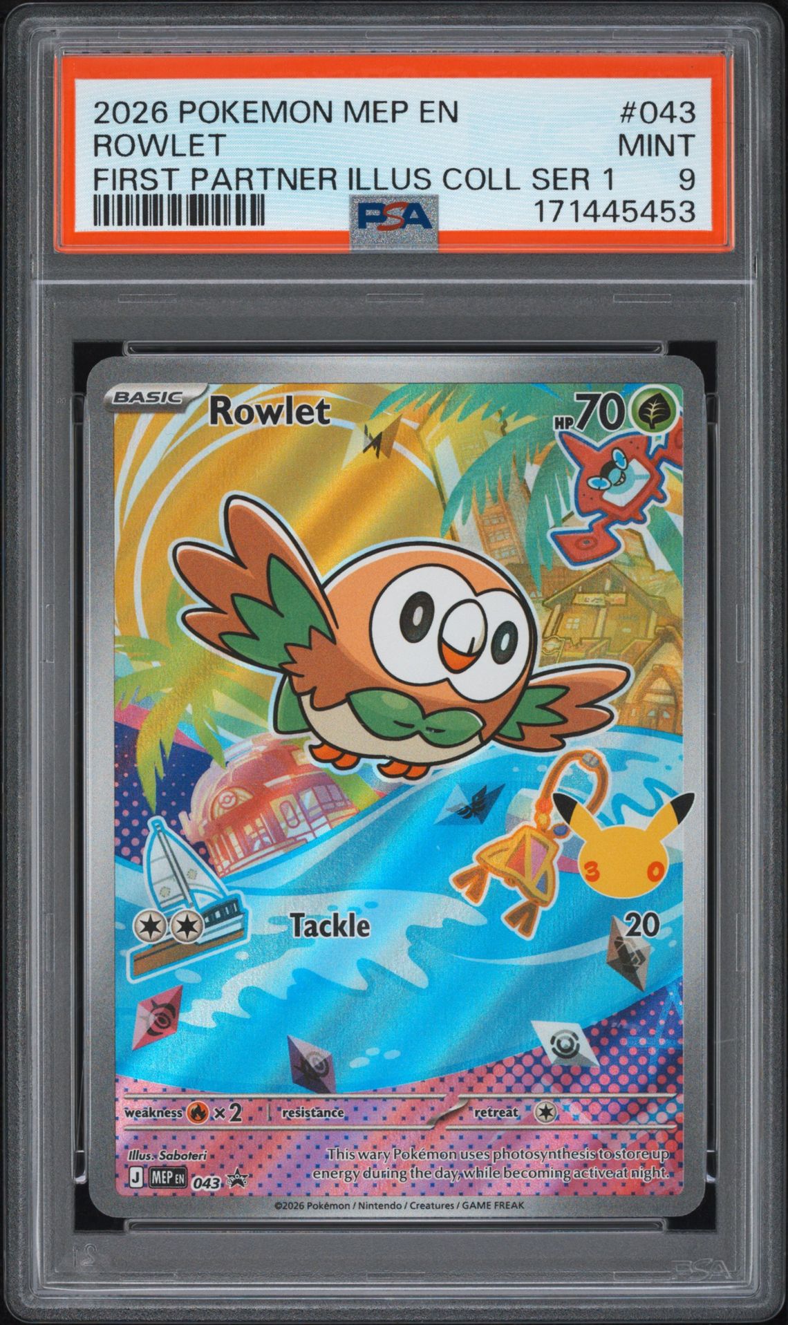 2026 Pokemon Mep En-Me Black Star Promo Rowlet #043 (First Partner Illus Coll Ser 1) Mint 9 front