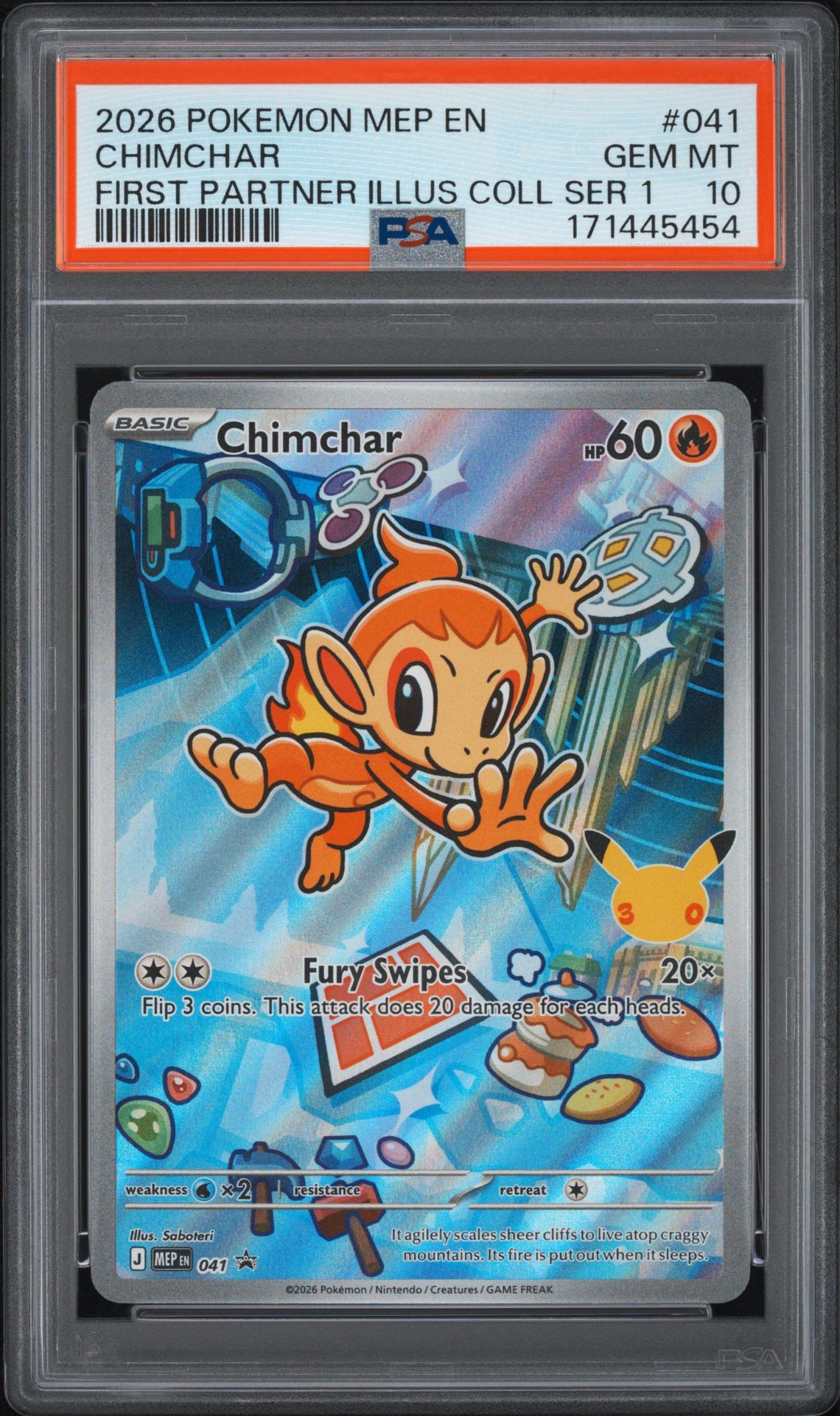 2026 Pokemon Mep En-Me Black Star Promo Chimchar #041 (First Partner Illus Coll Ser 1) Gem Mt 10 front view - PSA graded GEM MT 10