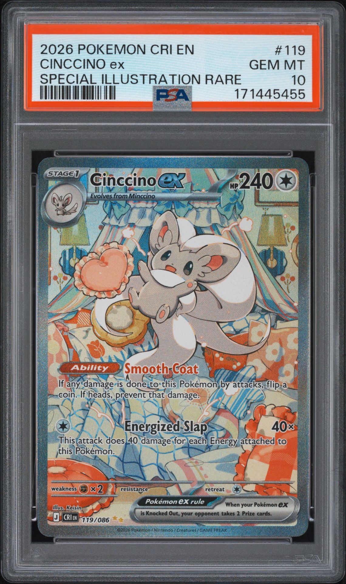 2026 Pokemon Cri En-Chaos Rising Cinccino Ex #119 (Special Illustration Rare) Gem Mt 10 front view - PSA graded GEM MT 10