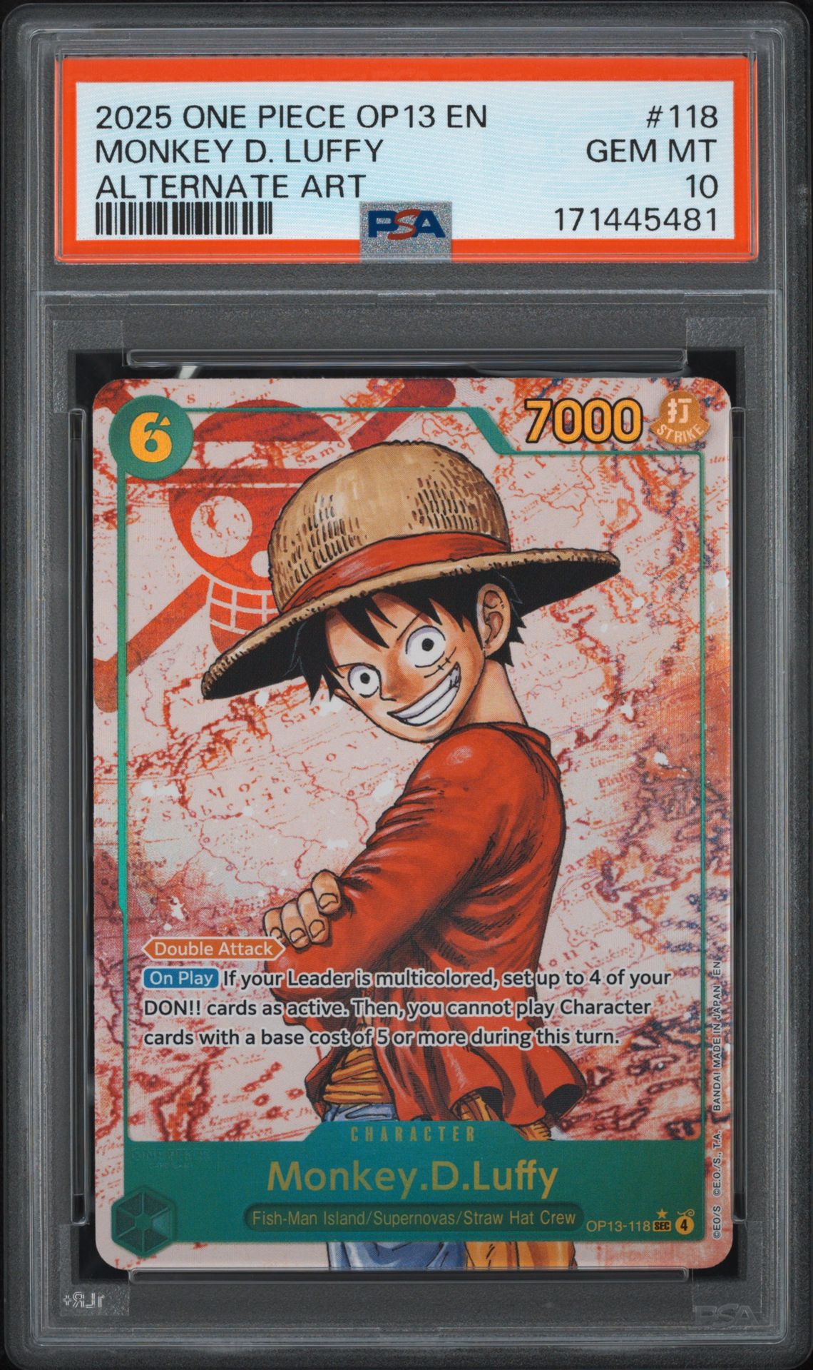 2025 One Piece Op13-Carrying On His Will Monkey D. Luffy #118 (Alternate Art) Gem Mt 10 front view - PSA graded GEM MT 10