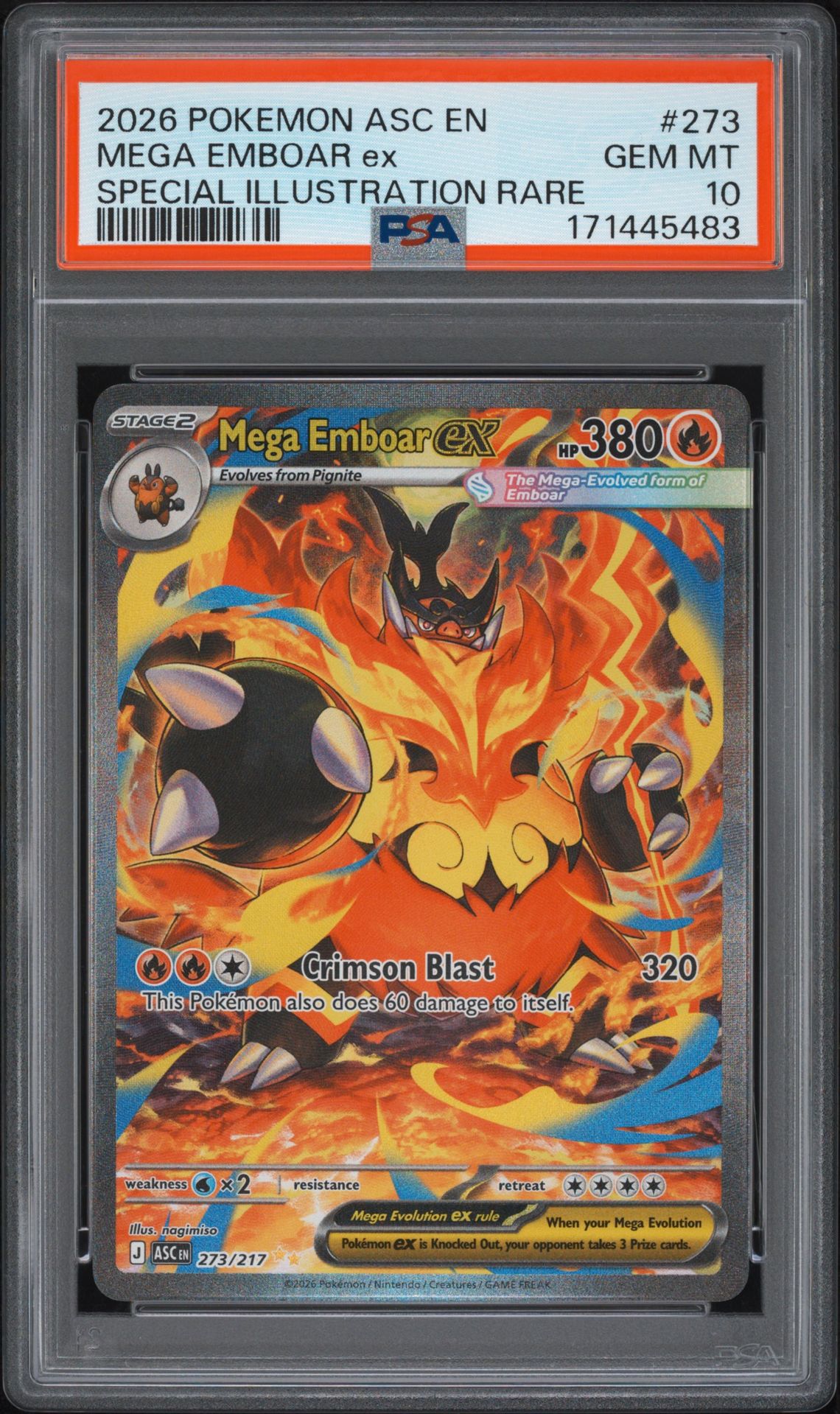 2026 Pokemon Asc En-Ascended Heroes Mega Emboar Ex #273 (Special Illustration Rare) Gem Mt 10 front view - PSA graded GEM MT 10