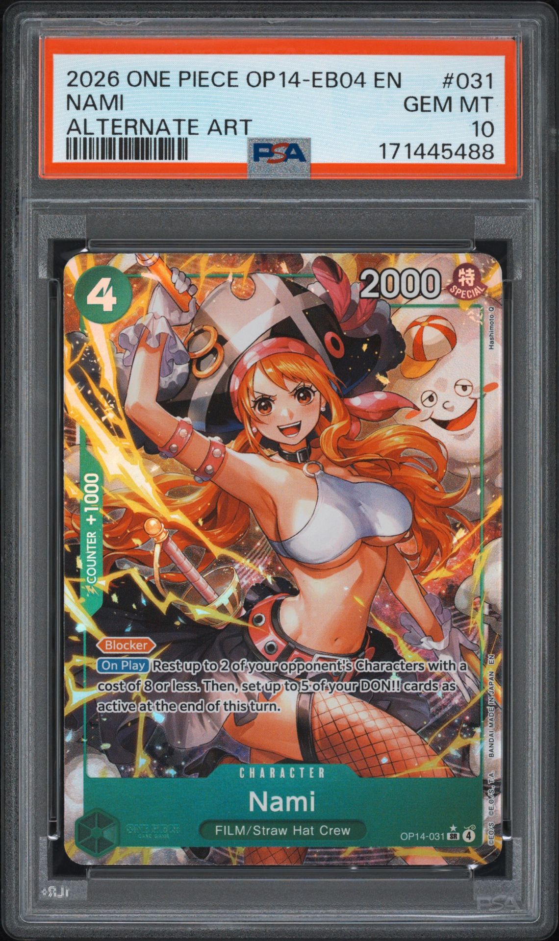 2026 One Piece Op14-Eb04-The Azure Sea's Seven Nami #031 (Alternate Art) Gem Mt 10 front view - PSA graded GEM MT 10