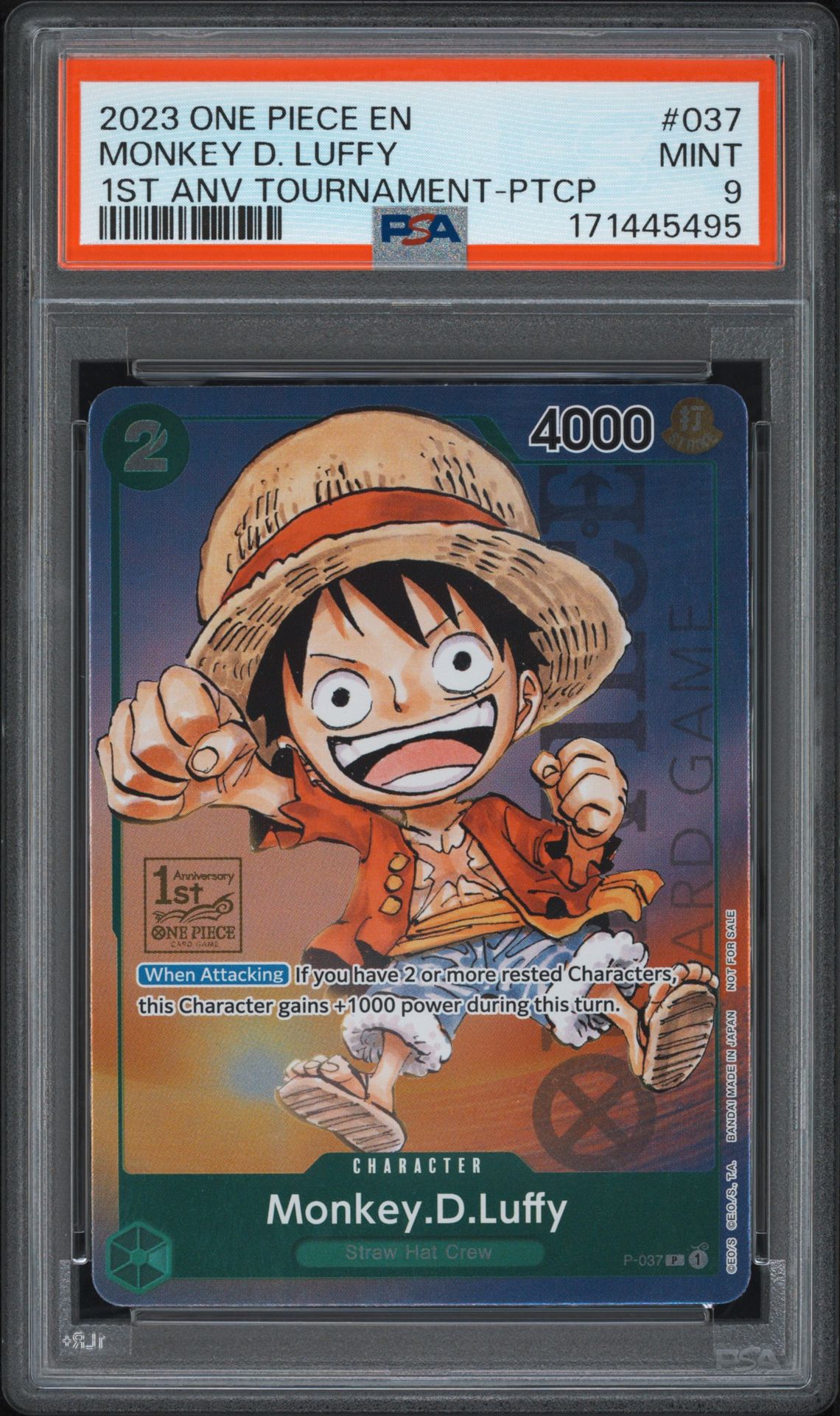 2023 One Piece Promos Monkey D. Luffy #037 (1St Anv Tournament-Ptcp) Mint 9 front
