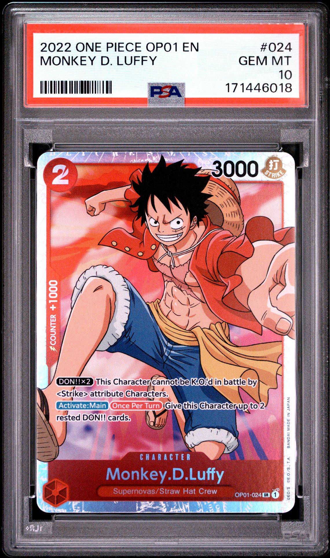 2022 ONE PIECE OP01-ROMANCE DAWN MONKEY D. LUFFY  024 GEM MT 10 front