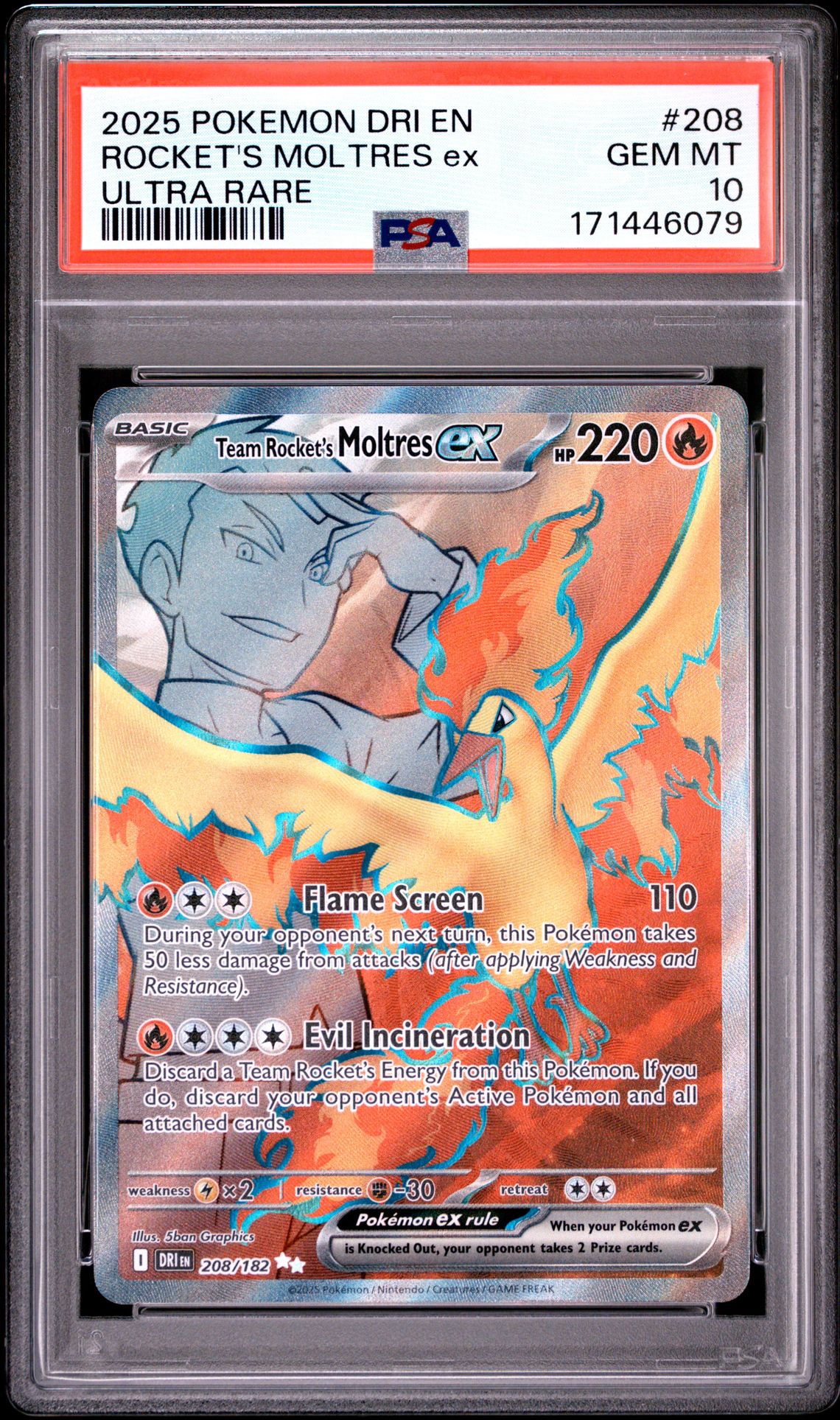 2025 Pokemon Dri En-Destined Rivals Rocket's Moltres Ex #208 (Ultra Rare) Gem Mt 10 front view - PSA graded GEM MT 10