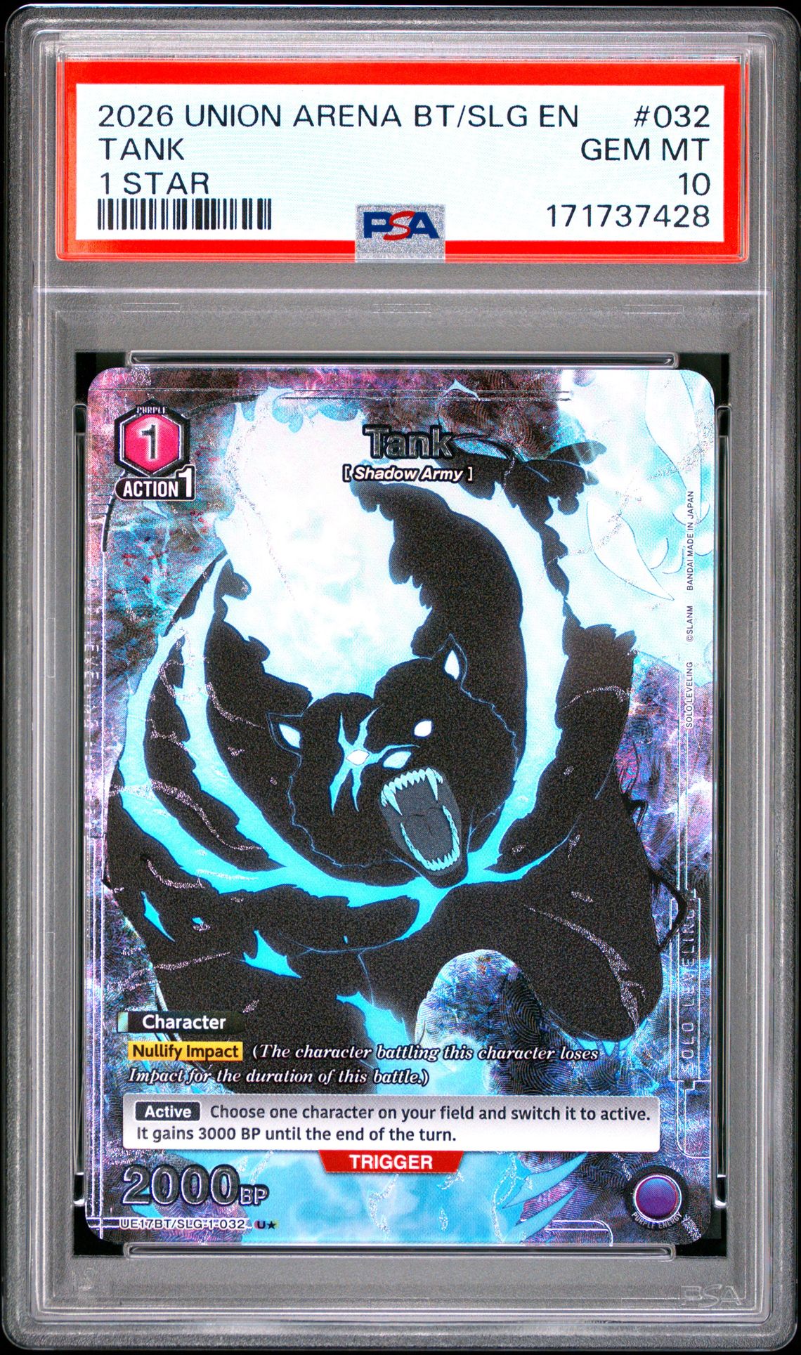 2026 Union Arena Ue17Bt/Slg Solo Leveling Tank #032 (1 Star) Gem Mt 10 front view - PSA graded GEM MT 10