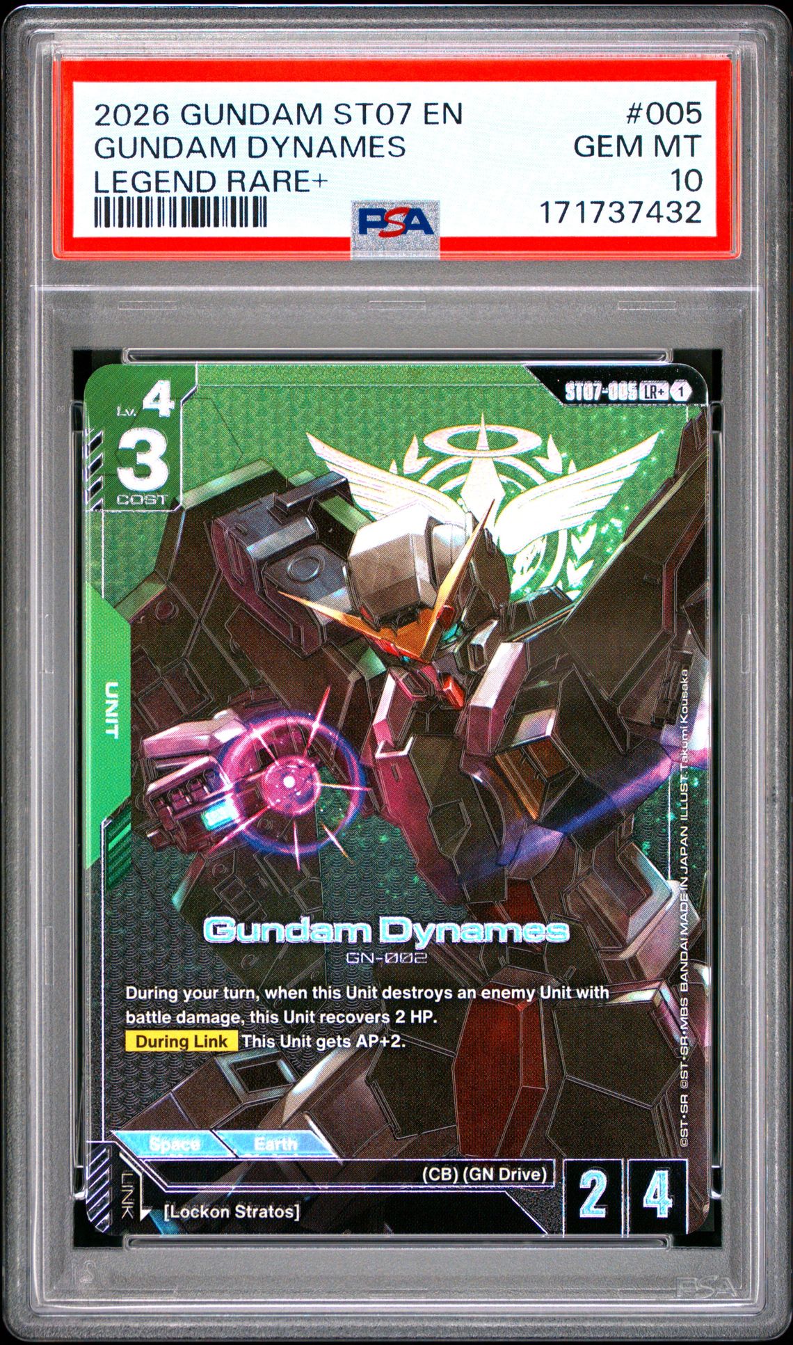 2026 Gundam St07-Celestial Drive Gundam Dynames #005 (Legend Rare+) Gem Mt 10 front view - PSA graded GEM MT 10