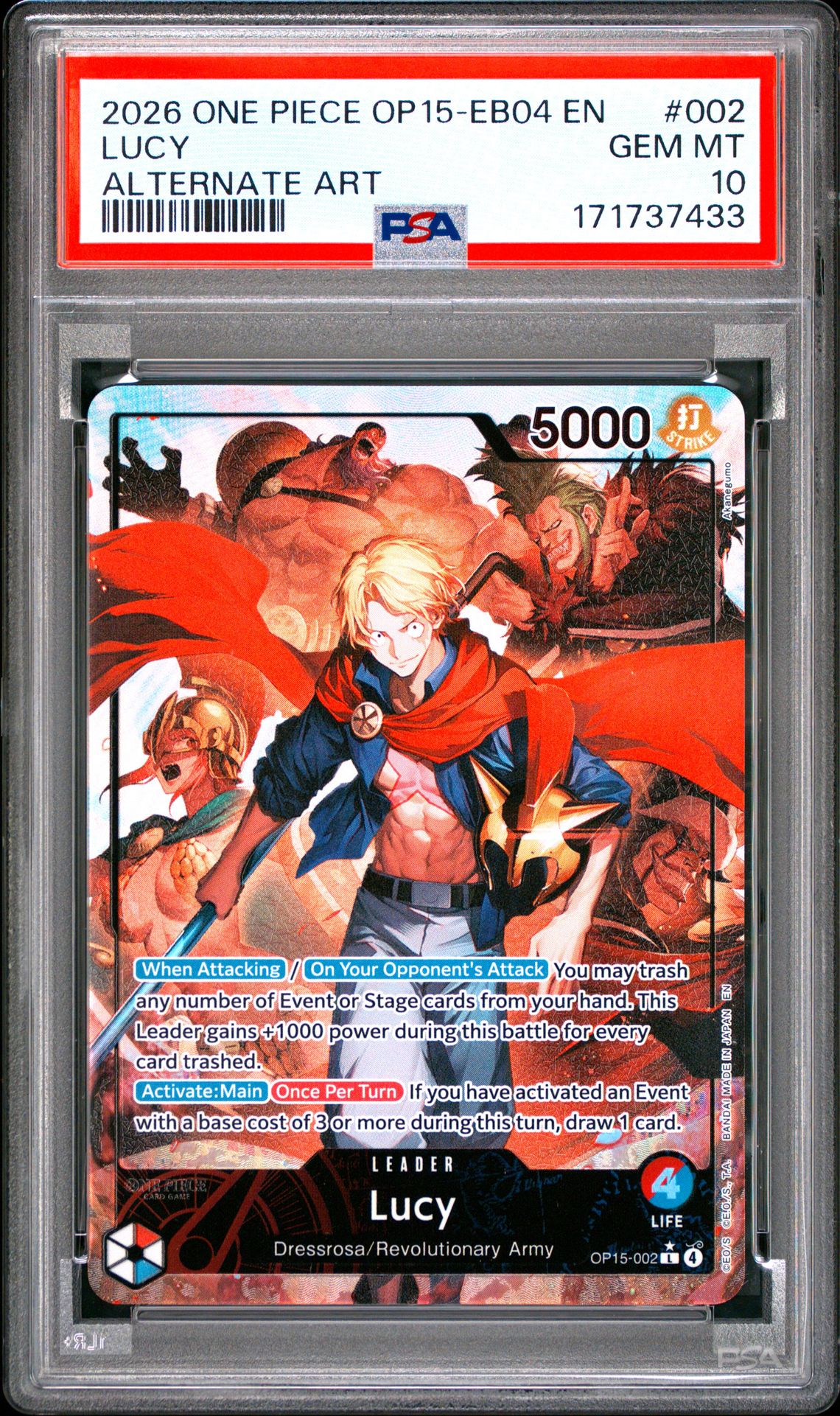 2026 One Piece Op15-Eb04-Adventure On Kami's Island Lucy #002 (Alternate Art) Gem Mt 10 front