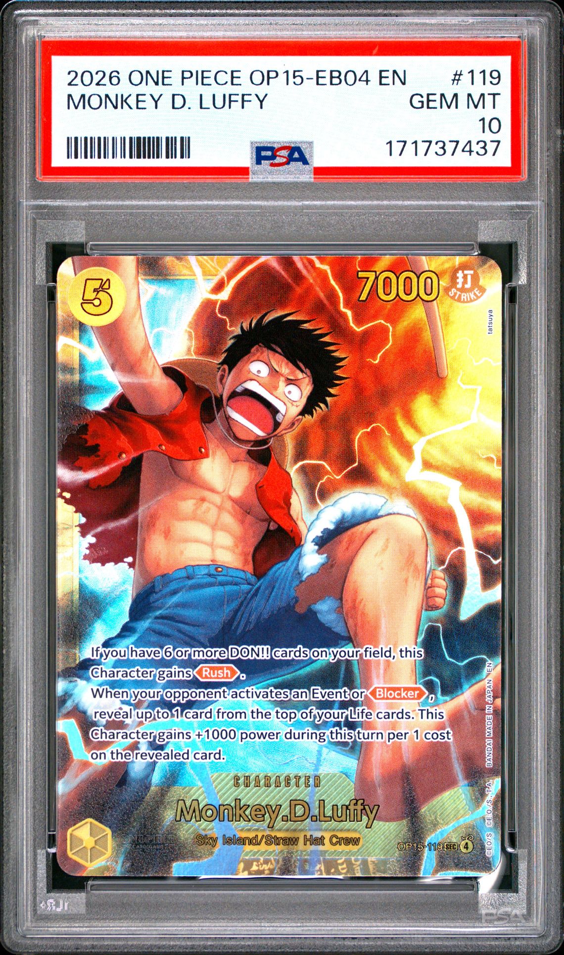 2026 One Piece Op15-Eb04-Adventure On Kami's Island Monkey D. Luffy #119 Gem Mt 10 front view - PSA graded GEM MT 10