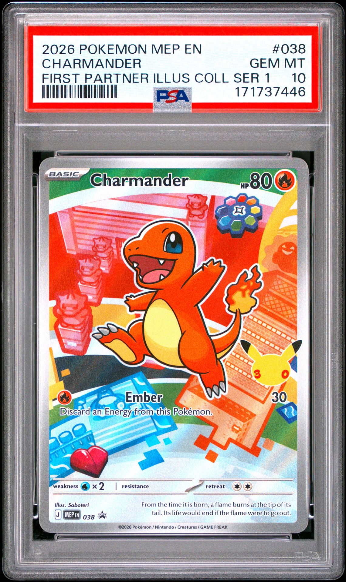2026 Pokemon Mep En-Me Black Star Promo Charmander #038 (First Partner Illus Coll Ser 1) Gem Mt 10 front view - PSA graded GEM MT 10