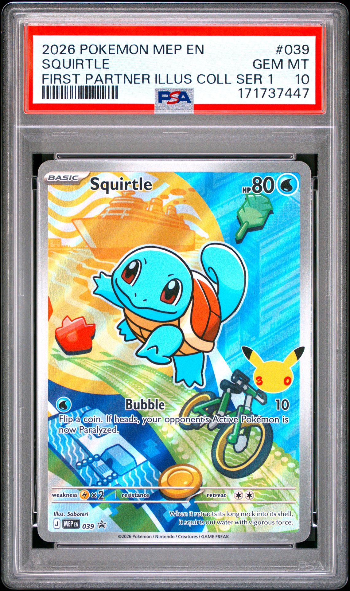 2026 Pokemon Mep En-Me Black Star Promo Squirtle #039 (First Partner Illus Coll Ser 1) Gem Mt 10 front view - PSA graded GEM MT 10