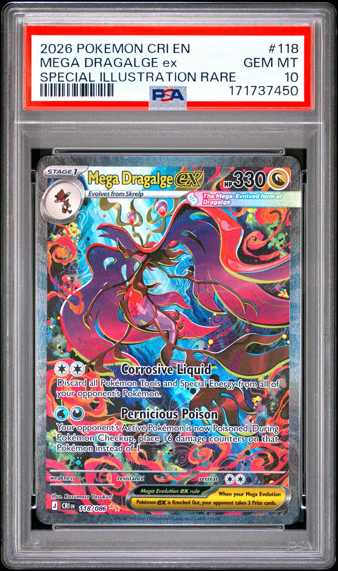 2026 Pokemon Cri En-Chaos Rising Mega Dragalge Ex #118 (Special Illustration Rare) Gem Mt 10 front view - PSA graded GEM MT 10