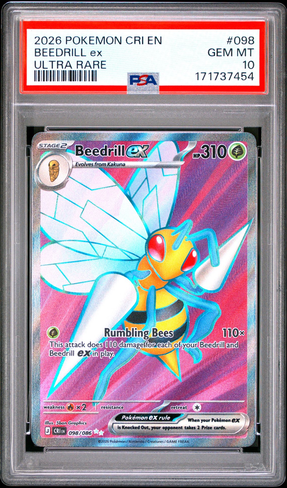 2026 Pokemon Cri En-Chaos Rising Beedrill Ex #098 (Ultra Rare) Gem Mt 10 front view - PSA graded GEM MT 10