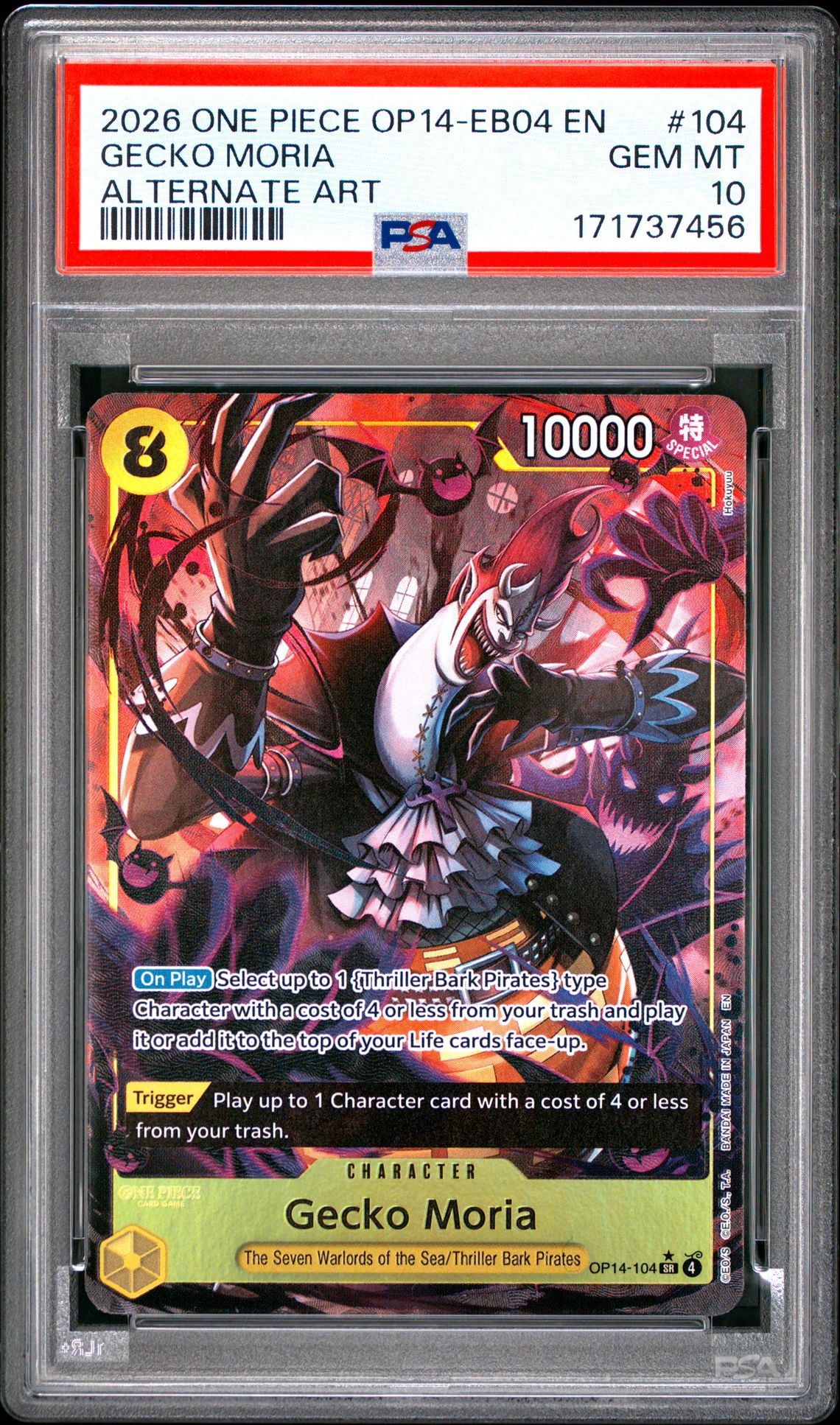 2026 One Piece Op14-Eb04-The Azure Sea's Seven Gecko Moria #104 (Alternate Art) Gem Mt 10 front view - PSA graded GEM MT 10