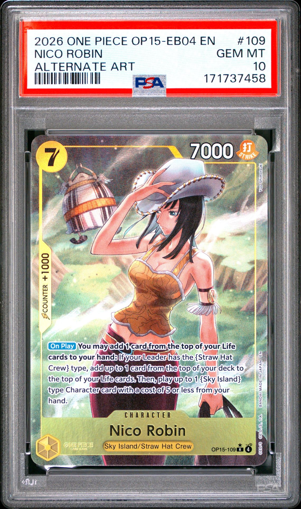 2026 One Piece Op15-Eb04-Adventure On Kami's Island Nico Robin #109 (Alternate Art) Gem Mt 10 front view - PSA graded GEM MT 10