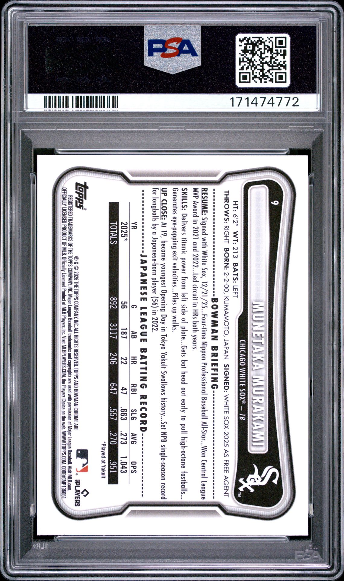 2026 Bowman Mega Box Chrome Munetaka Murakami #9 Mint 9 back