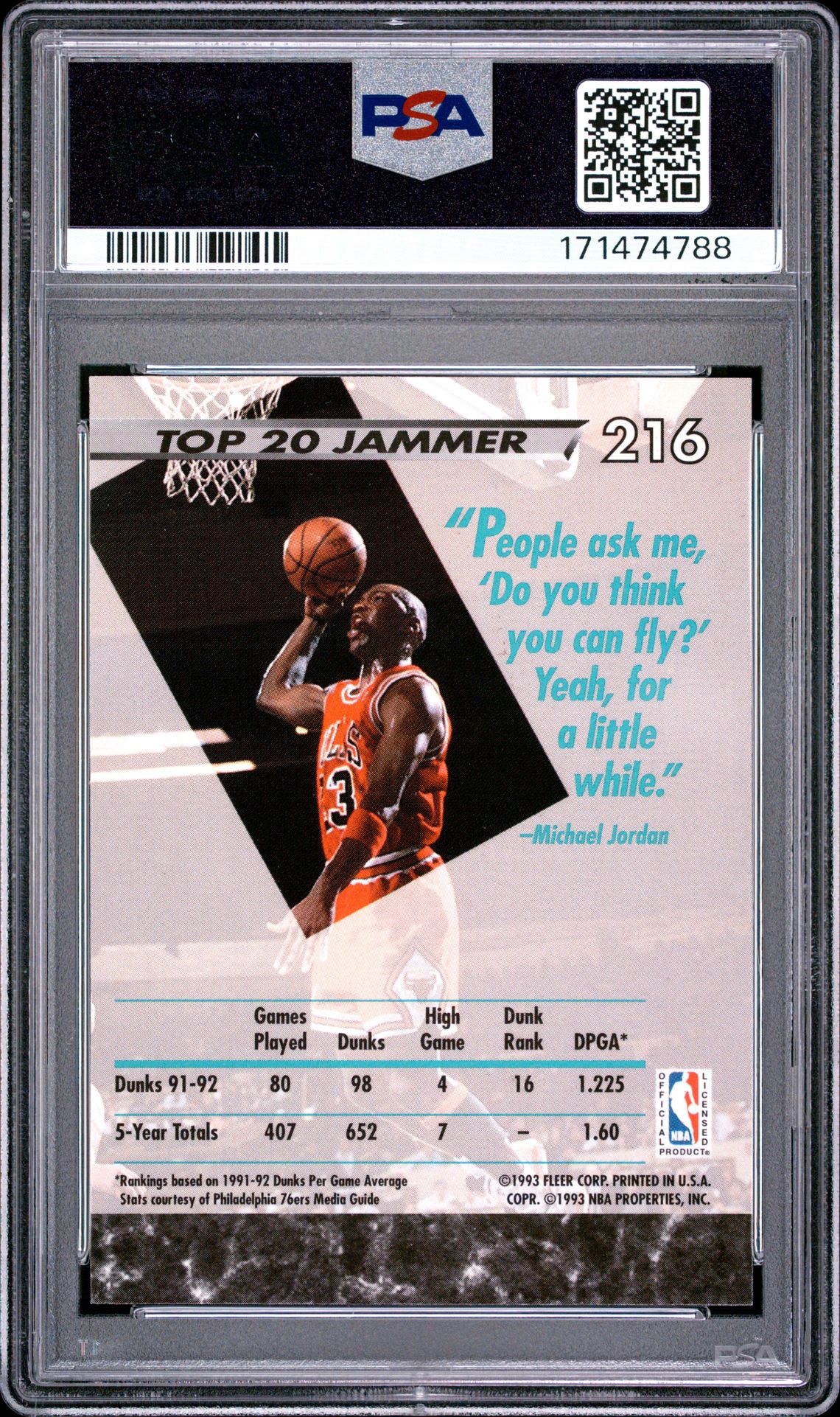 1992 Ultra Michael Jordan #216 Ex-Mt 6 back