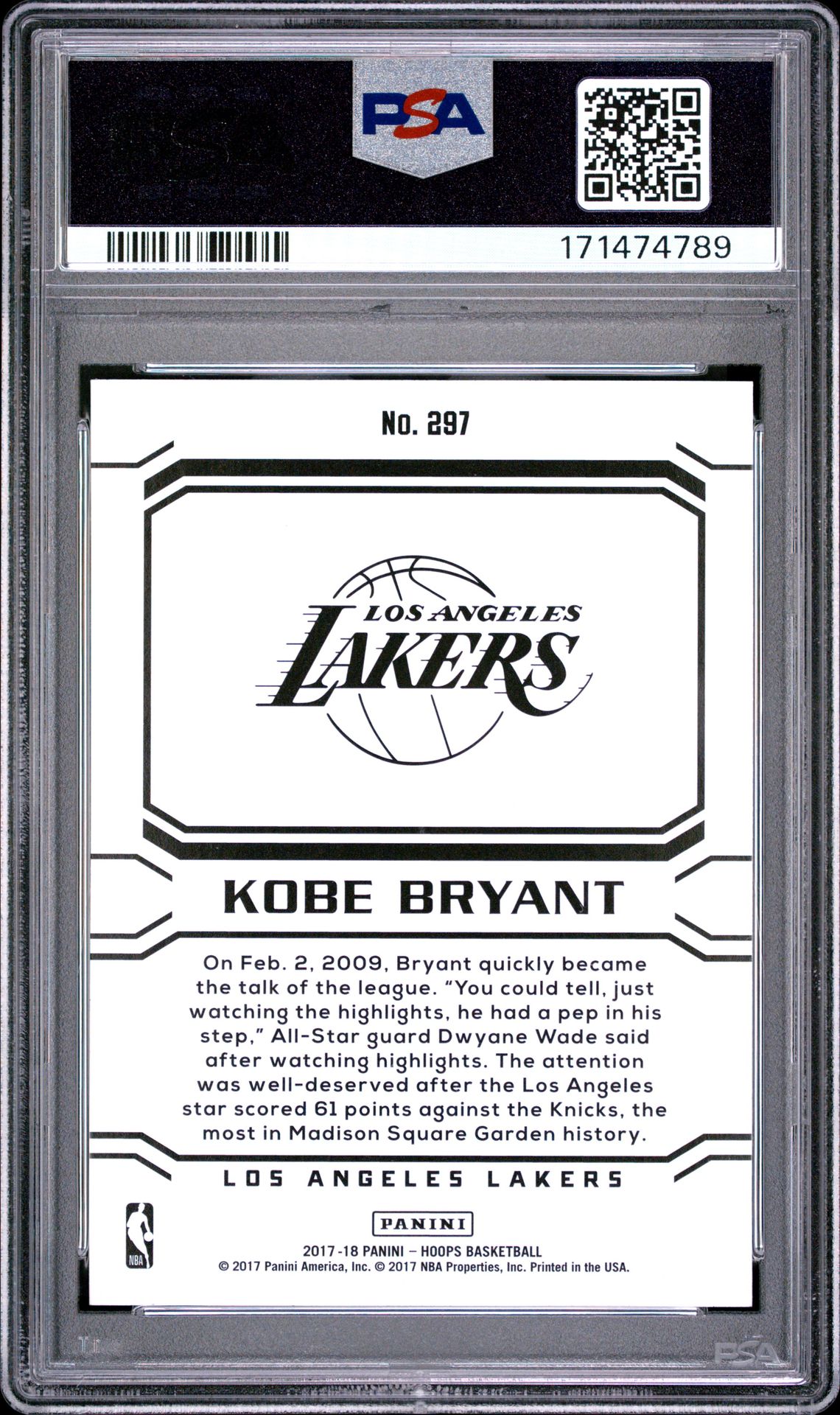 2017 Panini Hoops Kobe Bryant #297 Gem Mt 10 back view - PSA certificate #171474789