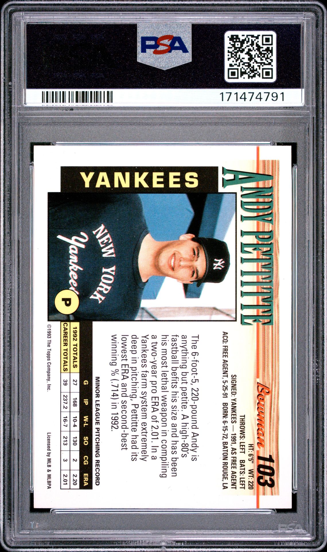 1993 Bowman Andy Pettitte #103 Nm-Mt 8 back