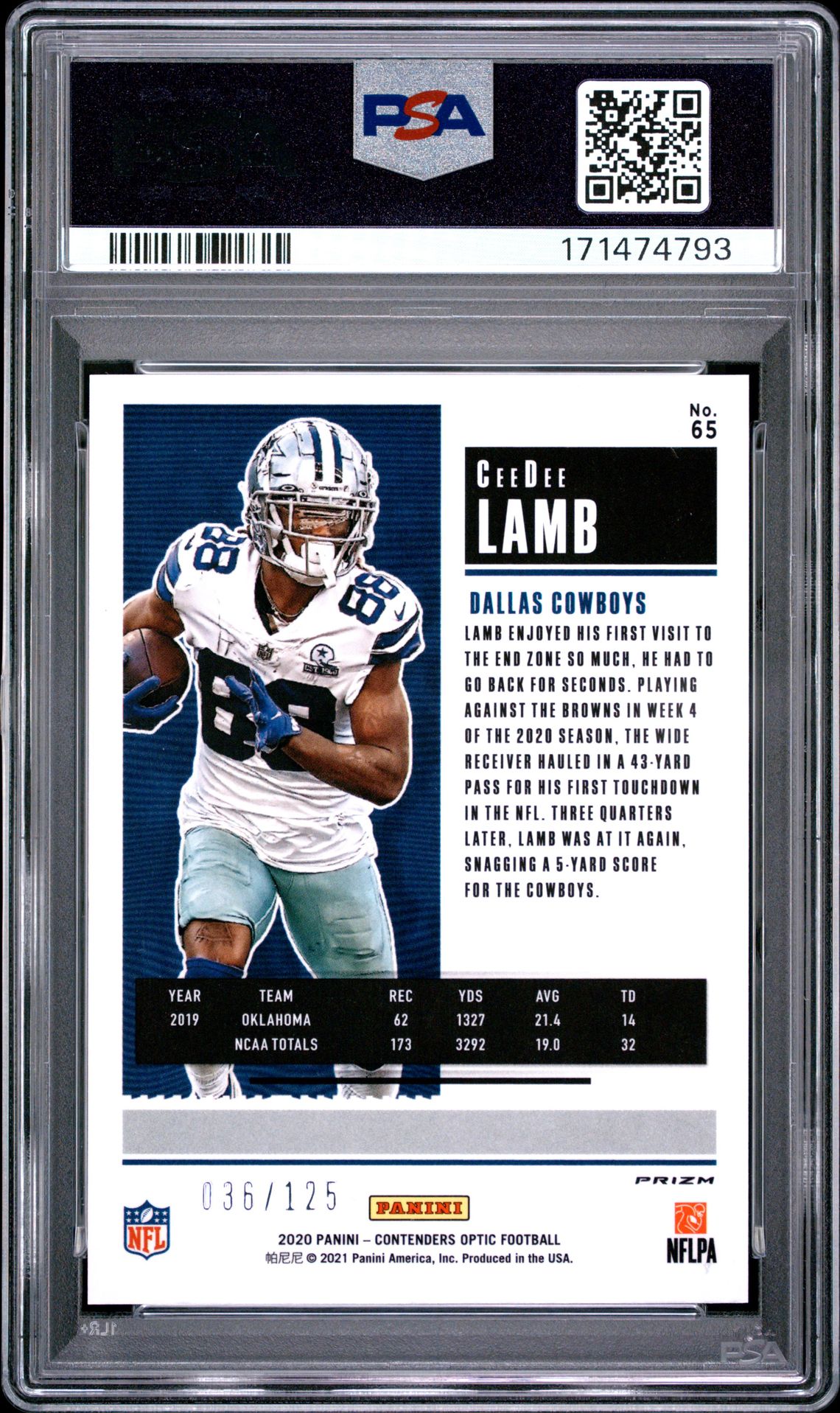 2020 Panini Contenders Optic Ceedee Lamb #65 (Red) Gem Mt 10 back