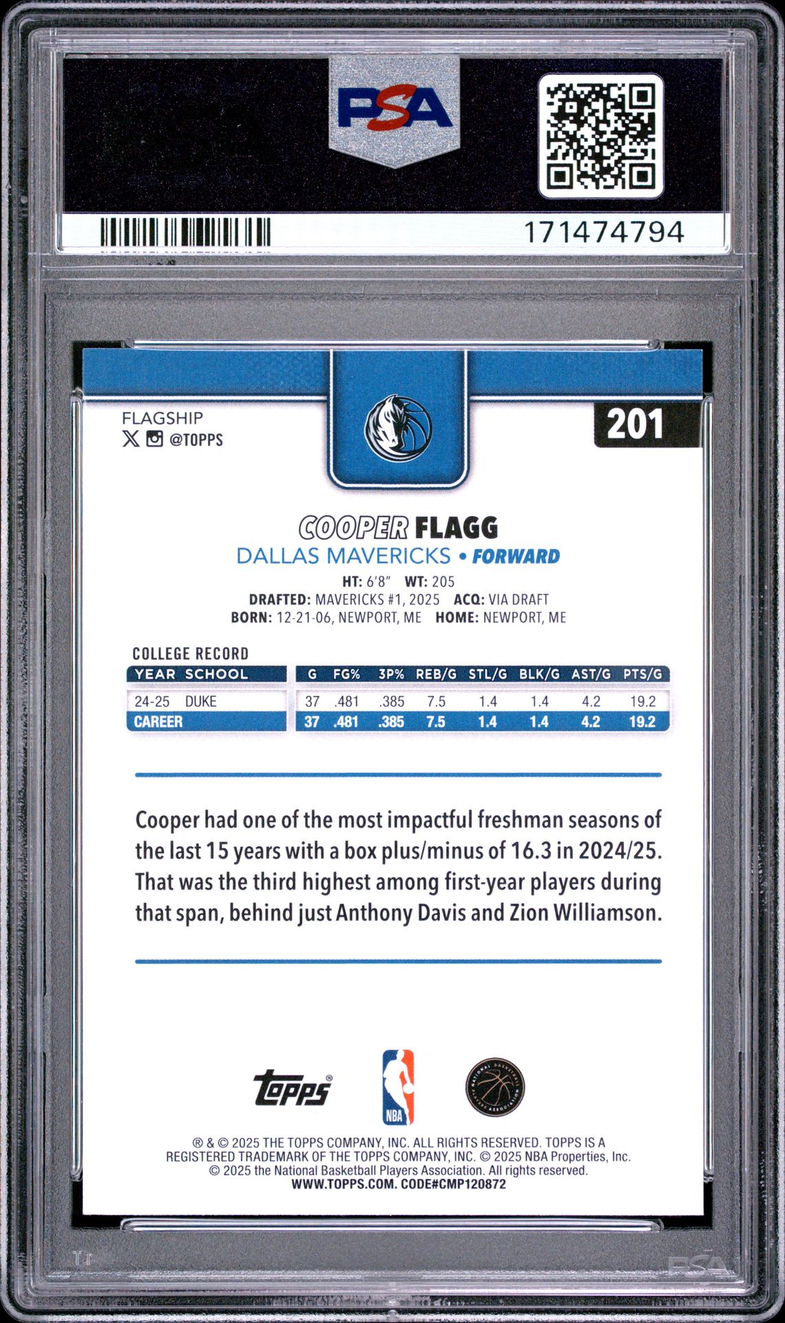 2025 Topps Cooper Flagg #201 Mint 9 back