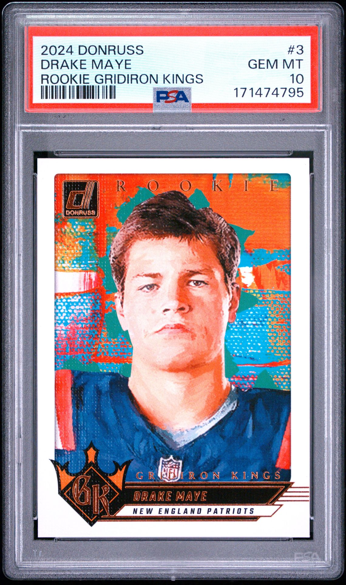 2024 Panini Donruss Rookie Gridiron Kings Drake Maye #3 Gem Mt 10 front view - PSA graded GEM MT 10