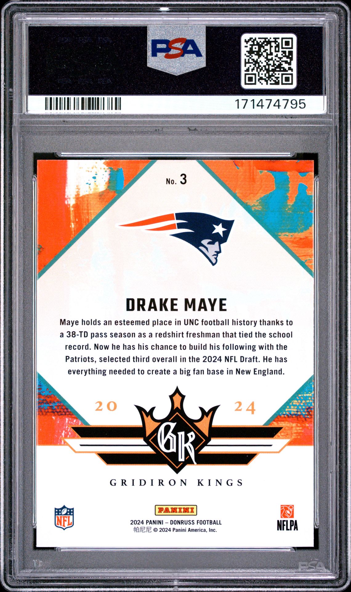 2024 Panini Donruss Rookie Gridiron Kings Drake Maye #3 Gem Mt 10 back view - PSA certificate #171474795