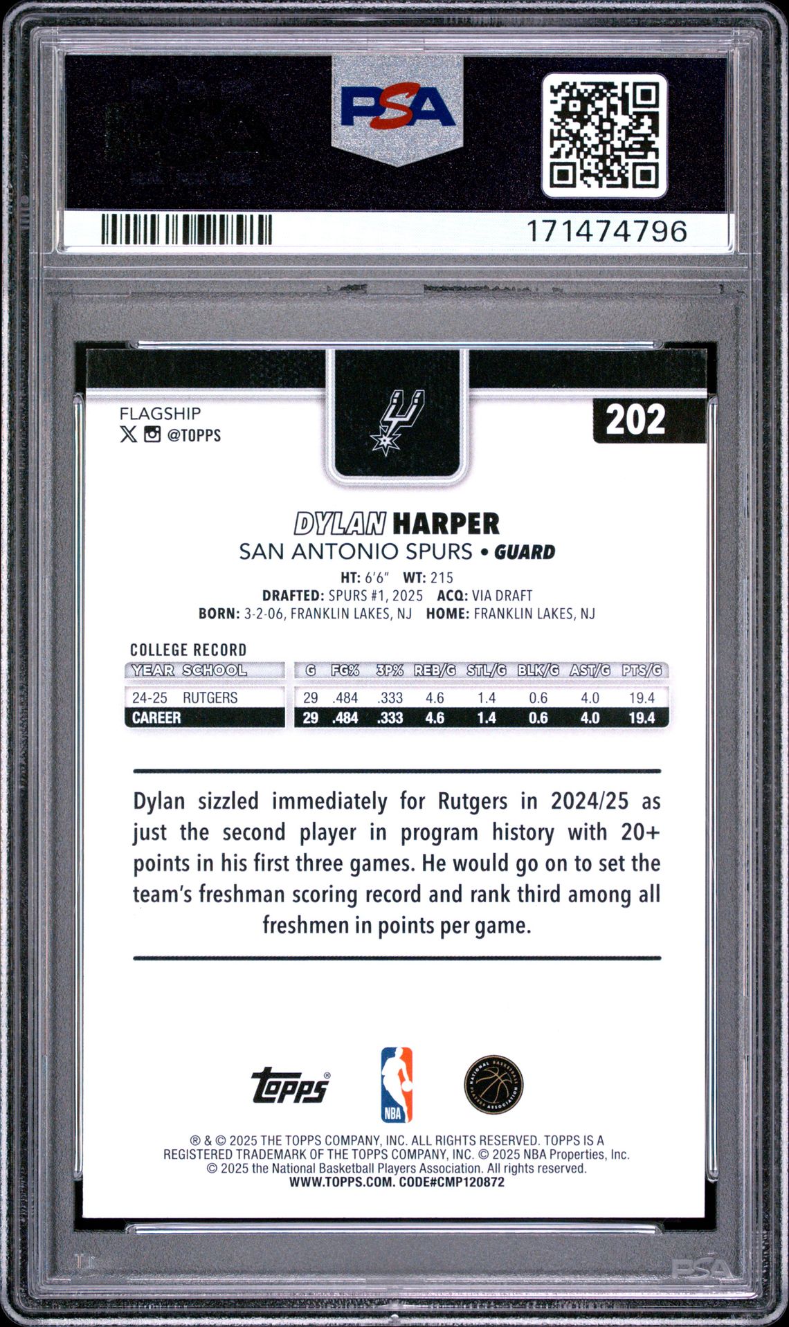 2025 Topps Dylan Harper #202 Mint 9 back