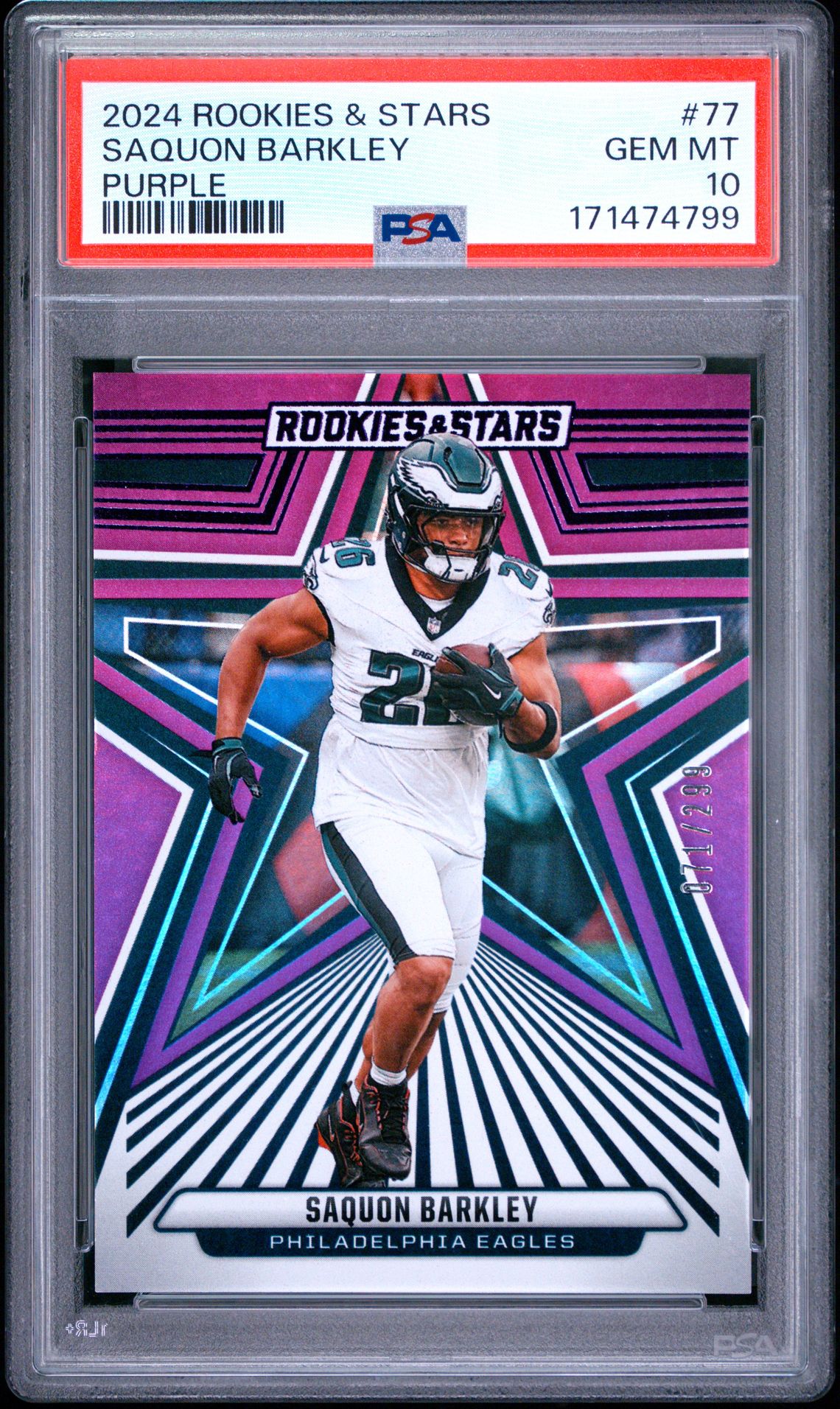 2024 Panini Rookies & Stars Saquon Barkley #77 (Purple) Gem Mt 10 front view - PSA graded GEM MT 10