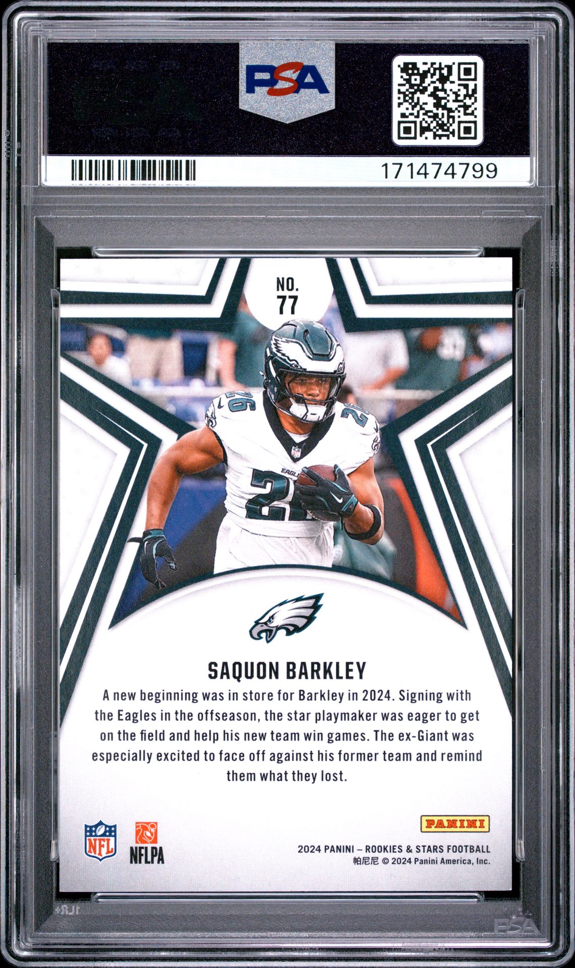 2024 Panini Rookies & Stars Saquon Barkley #77 (Purple) Gem Mt 10 back view - PSA certificate #171474799
