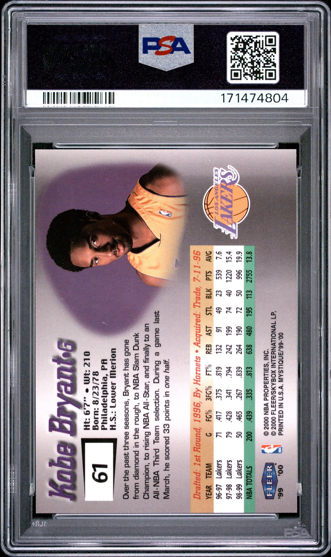 1999 Fleer Mystique Kobe Bryant #61 Nm-Mt 8 back