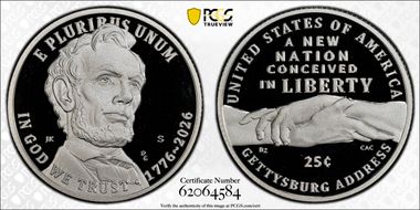 2026-S 25C Gettysburg Address Ag PR70DCAM