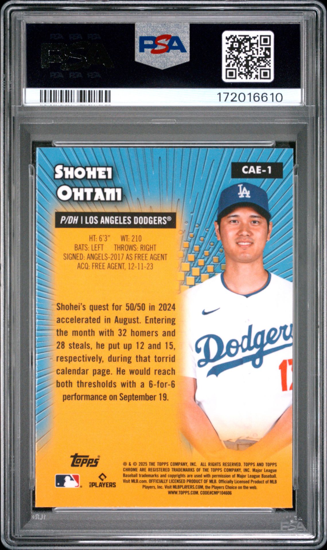 2025 Topps Chrome All Etch Shohei Ohtani #Cae1 Gem Mt 10 back view - PSA certificate #172016610
