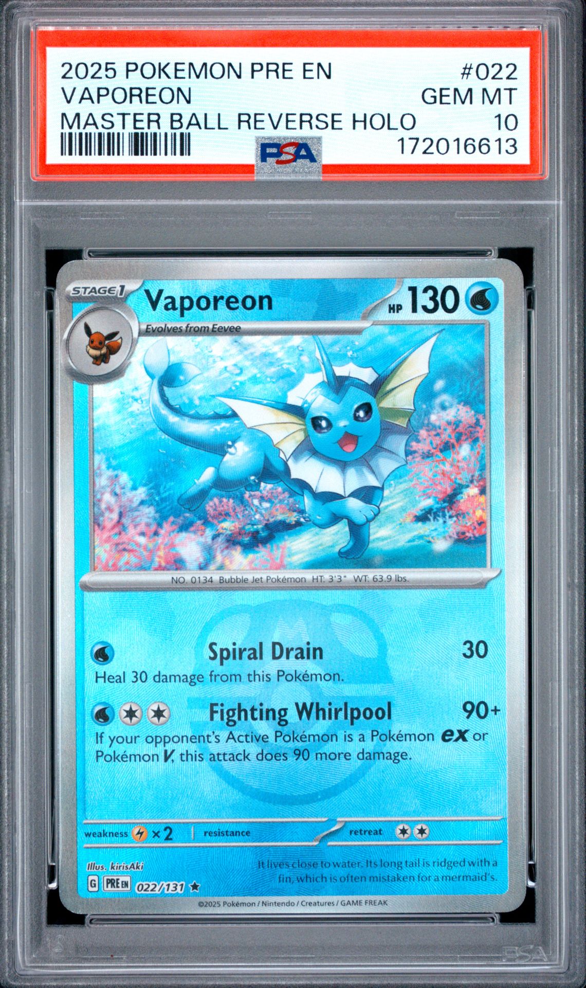 2025 POKEMON PRE EN-PRISMATIC EVOLUTIONS VAPOREON MASTER BALL REVERSE HOLO 022 GEM MT 10 front