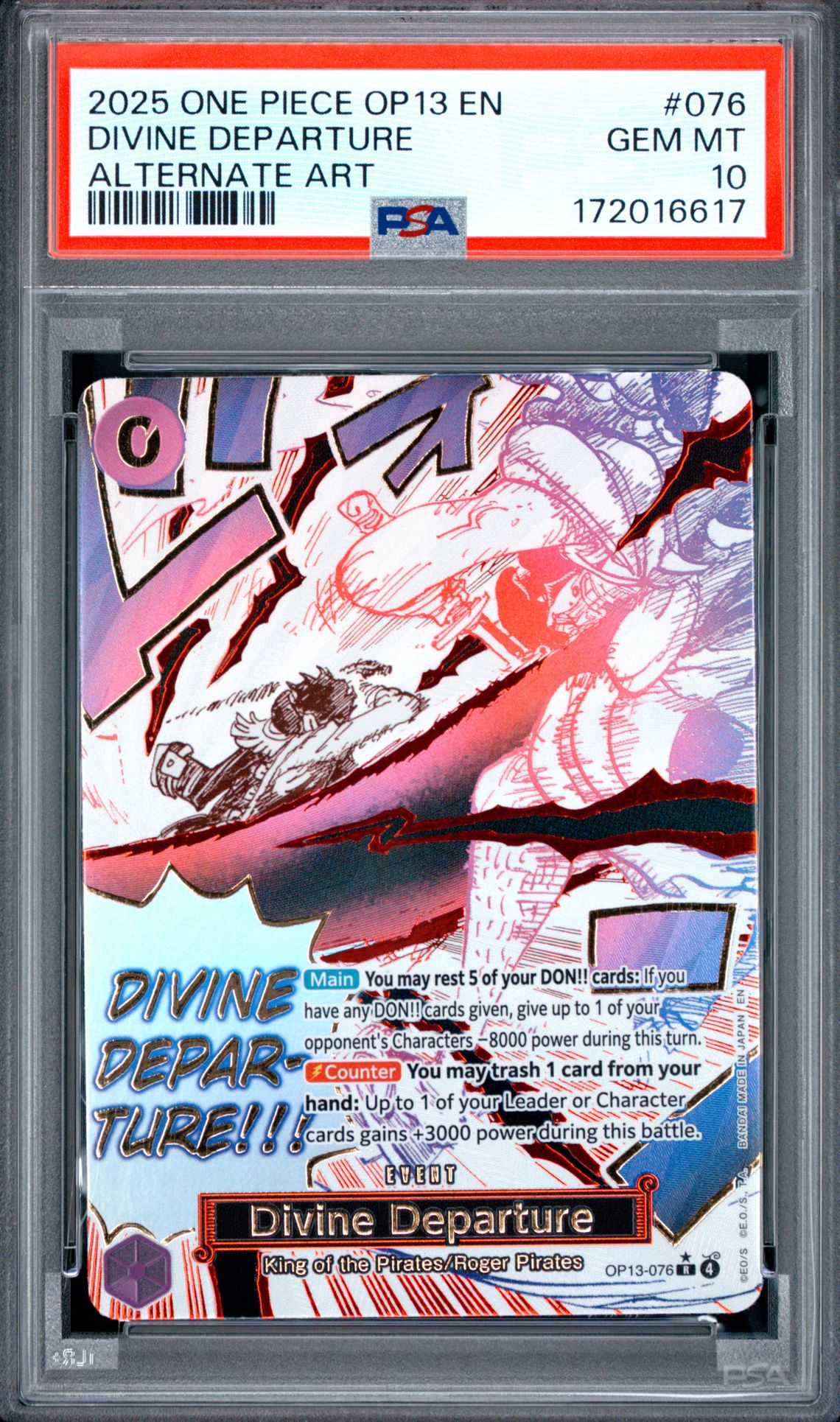 2025 One Piece Op13-Carrying On His Will Divine Departure #076 (Alternate Art) Gem Mt 10 front view - PSA graded GEM MT 10